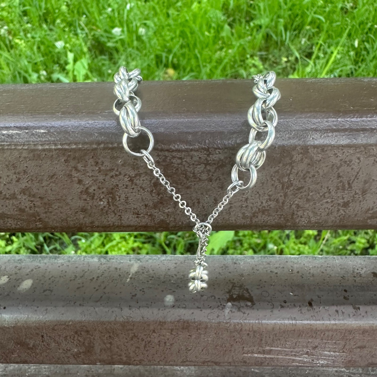 Vintage Italian Sterling Silver Lariat Double Link Rolo Chain Statement Necklace