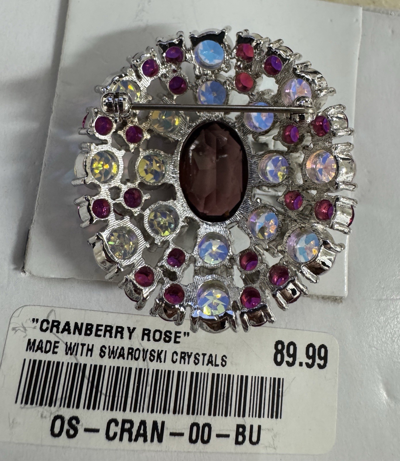 Stunning “Cranberry Rose” Brooch Made With Multi Colored Swarovski Crystals