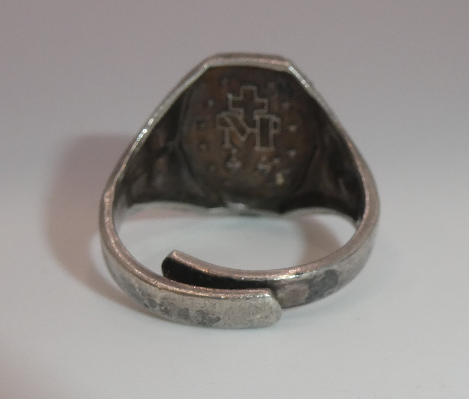 Vintage Virgin Mary Miraculous Medal Creed Sterling Silver Ring Adjustable Sz 7