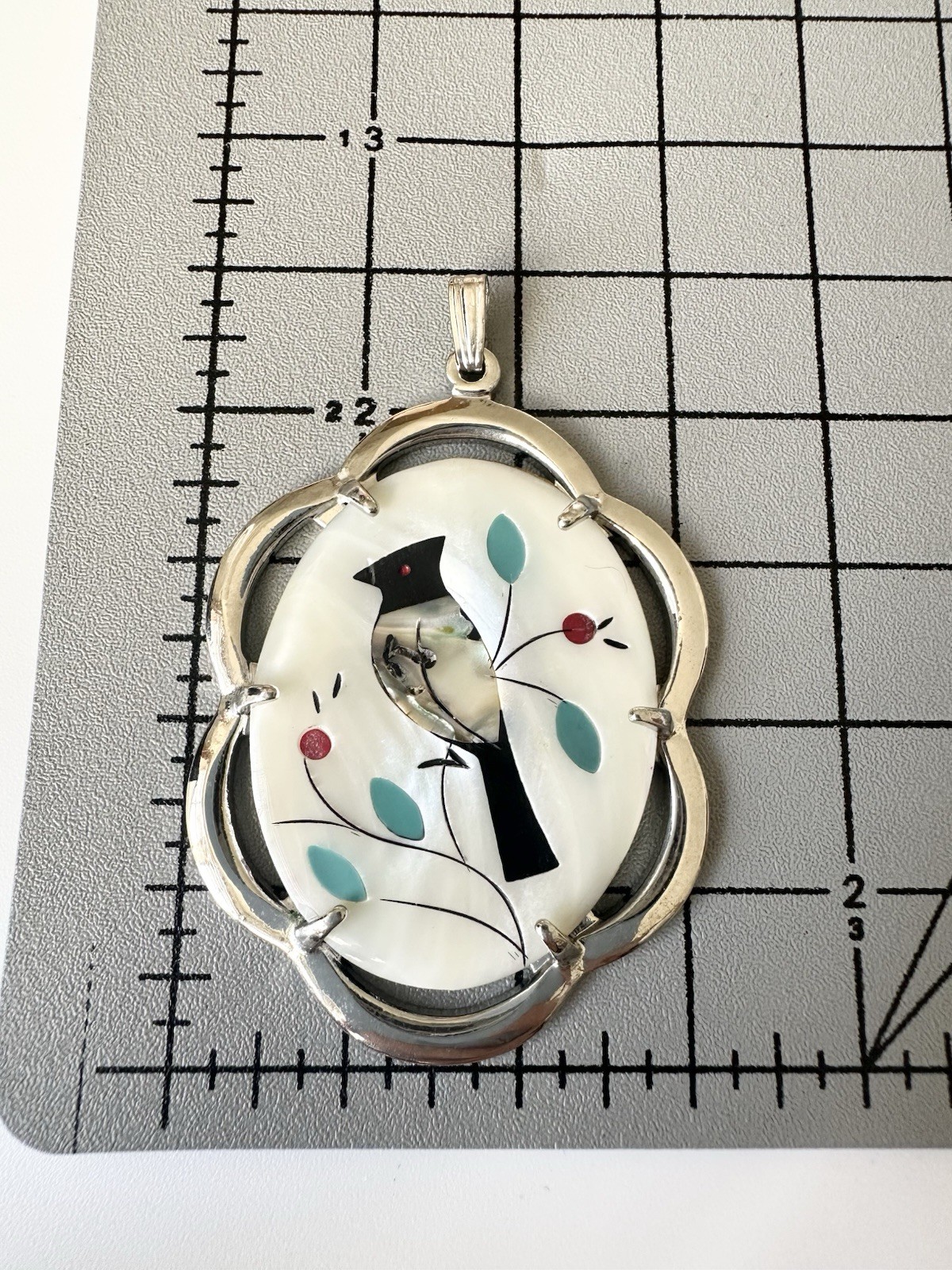 Vintage Mother of Pearl Inlay Bird Pendant Abalone Detail Oval Silver Tone