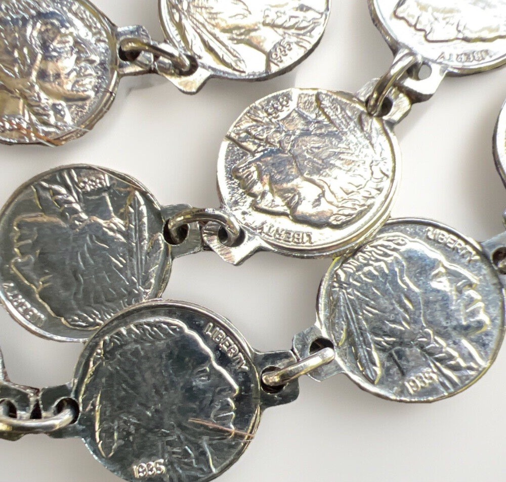 Vintage Southwest Miniature Buffalo Nickel Silvertone Necklace 38”