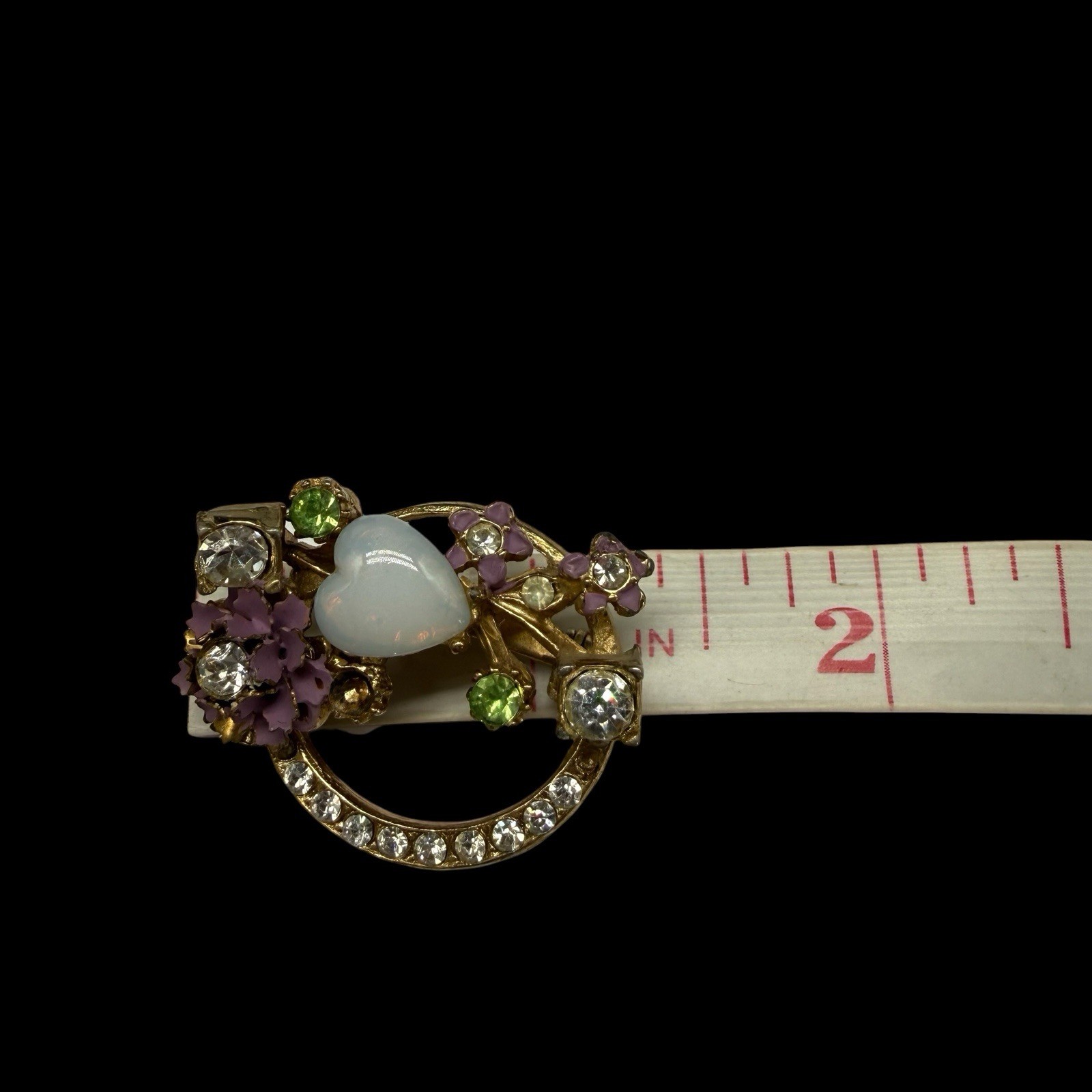 Circle Wreath Enamel Flower Opalescent Heart Rhinestone Pin Brooch As Is 1960s