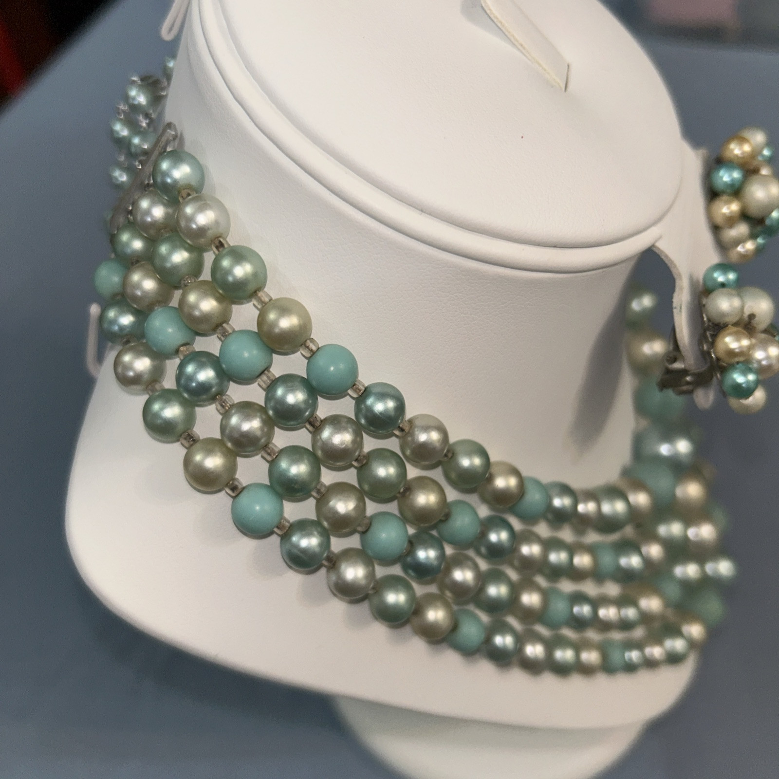 Vintage 4 Strand Blue Ombre Bead Necklace and Clip Earrings / Japan D004