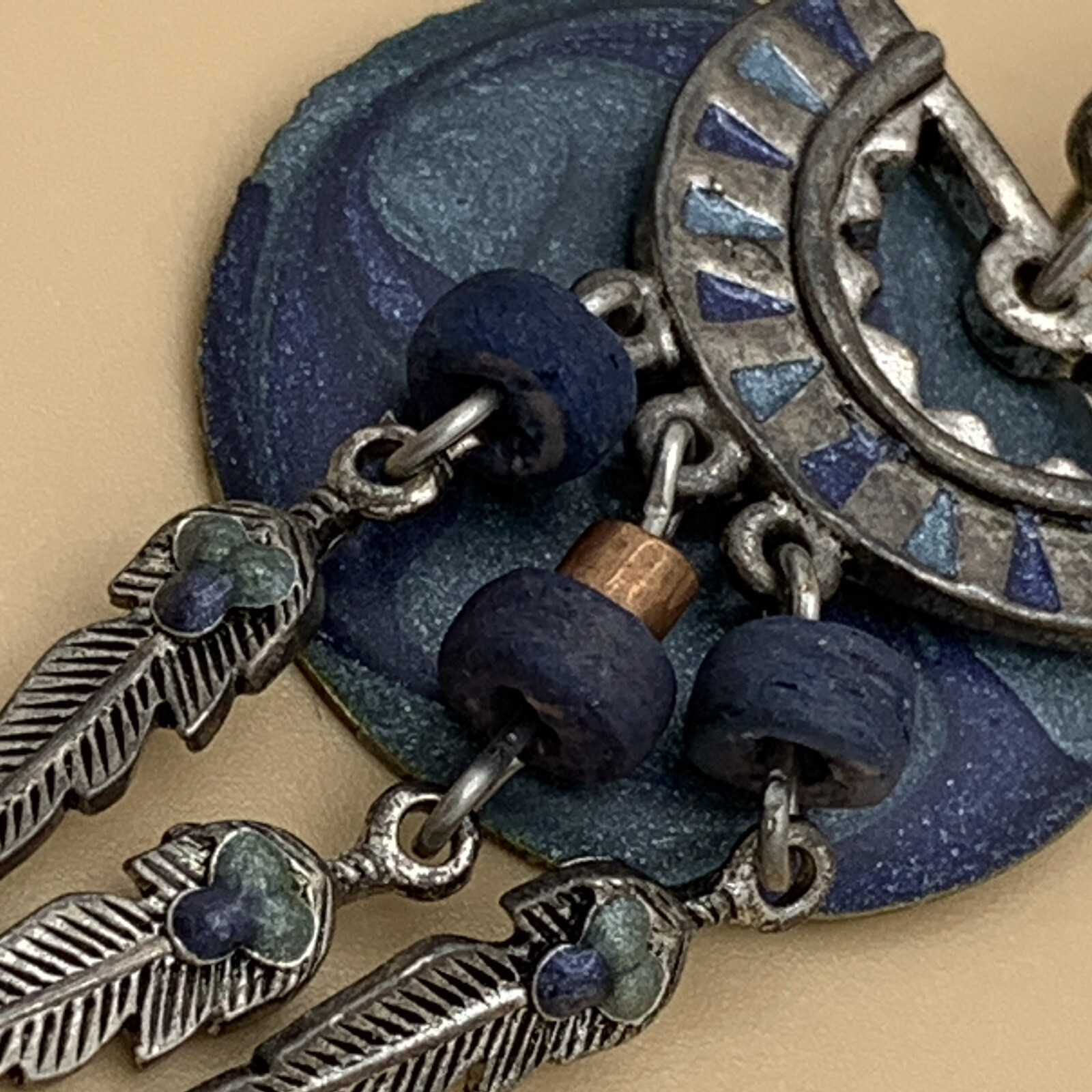 Vintage Edgar Berebi Blue Earrings South Western Theme Dangling Feathers Enamel