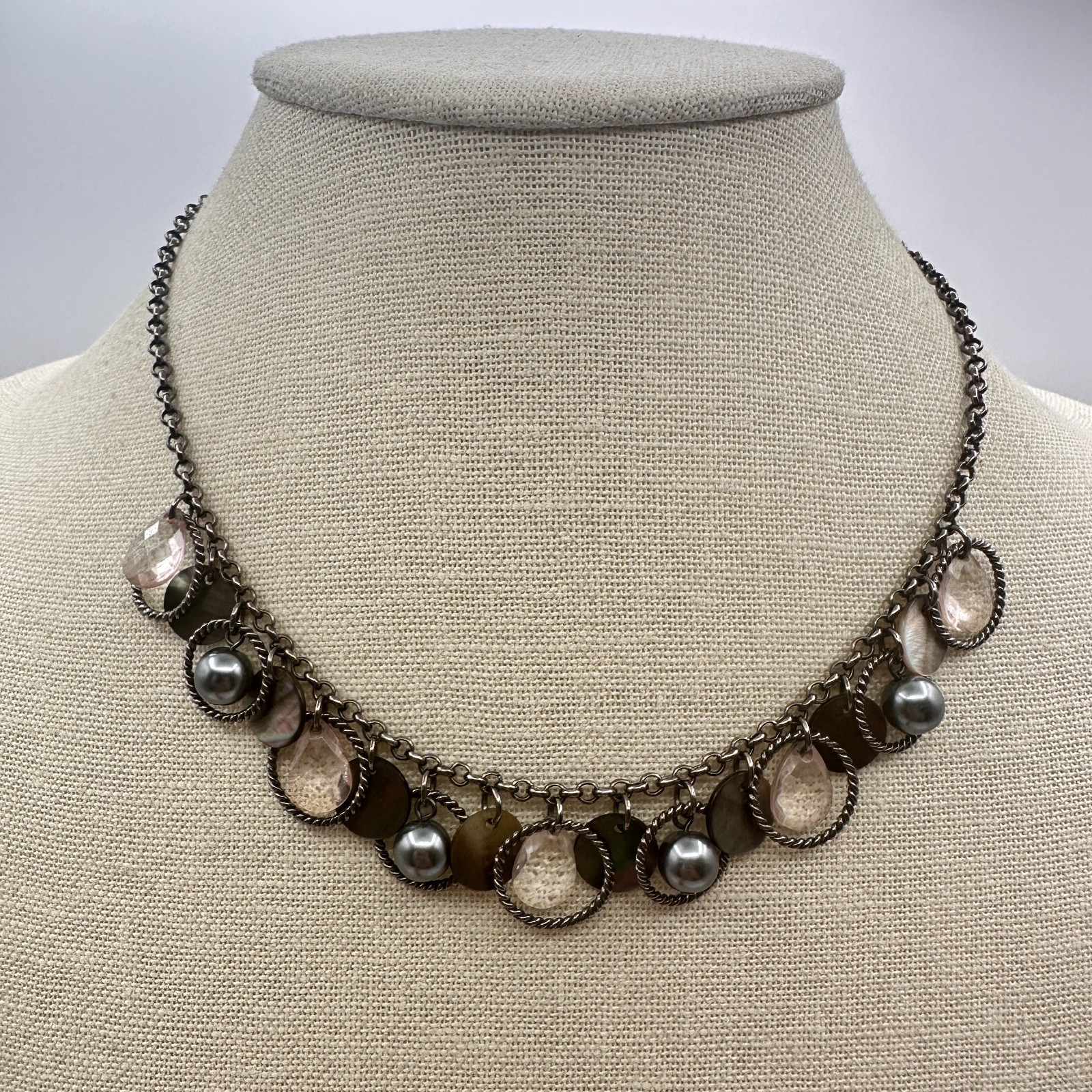 VTG Gunmetal Faux Tahitian Pearl Rose Quartz Choker Bib Necklace Charm Fringe