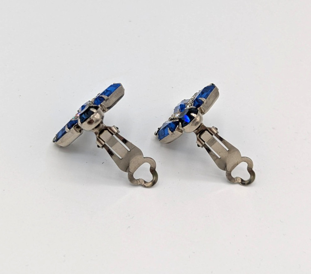 Juliana Blue Clip Earrings Keystones Fan Shape Verified DeLizza Elster Art Deco