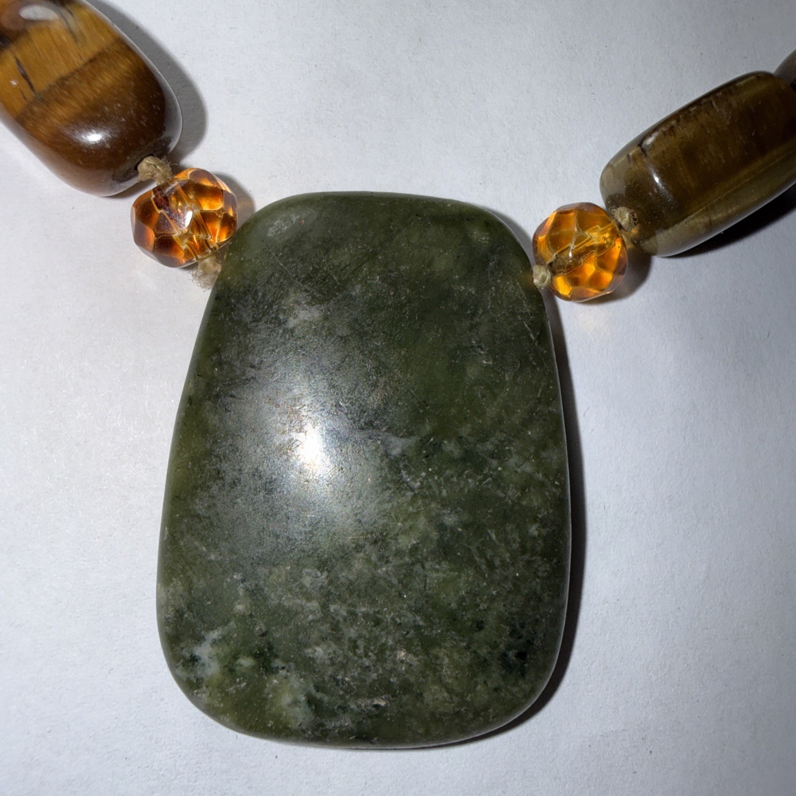 Necklace Big Jade Pendant Big Tigers Eye Beads Faceted Citrine Crystal 17” Old