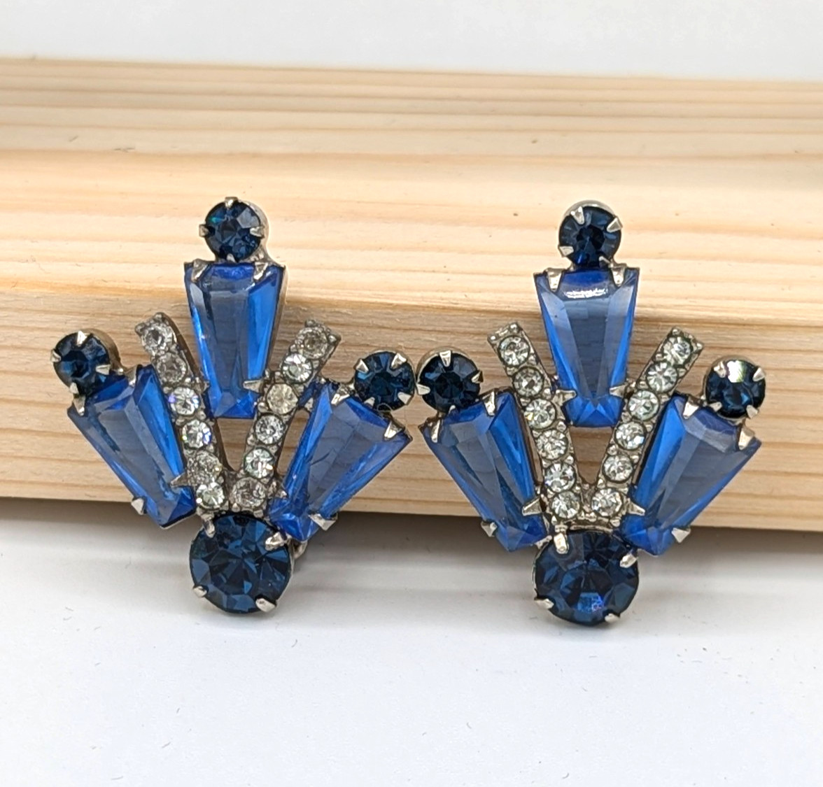 Juliana Blue Clip Earrings Keystones Fan Shape Verified DeLizza Elster Art Deco