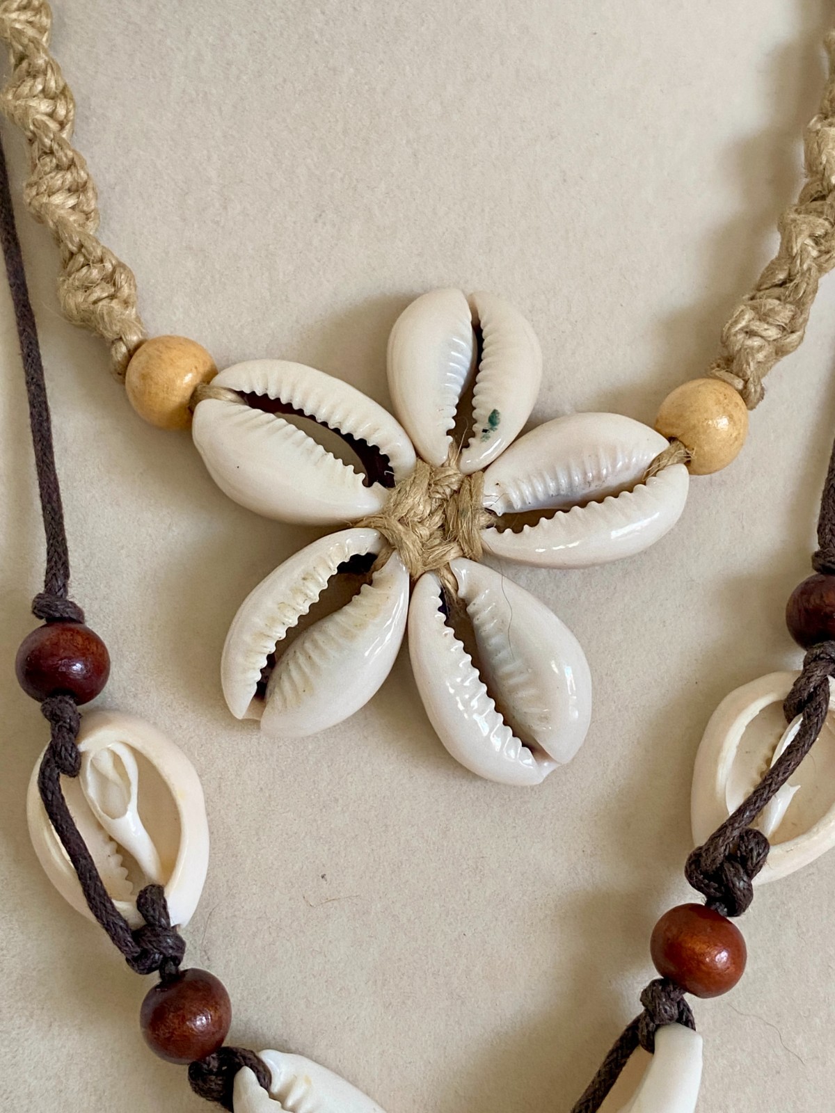 Lot of 2 Vintage Cowrie Shell Flower Necklace Choker Adjustable Seashell