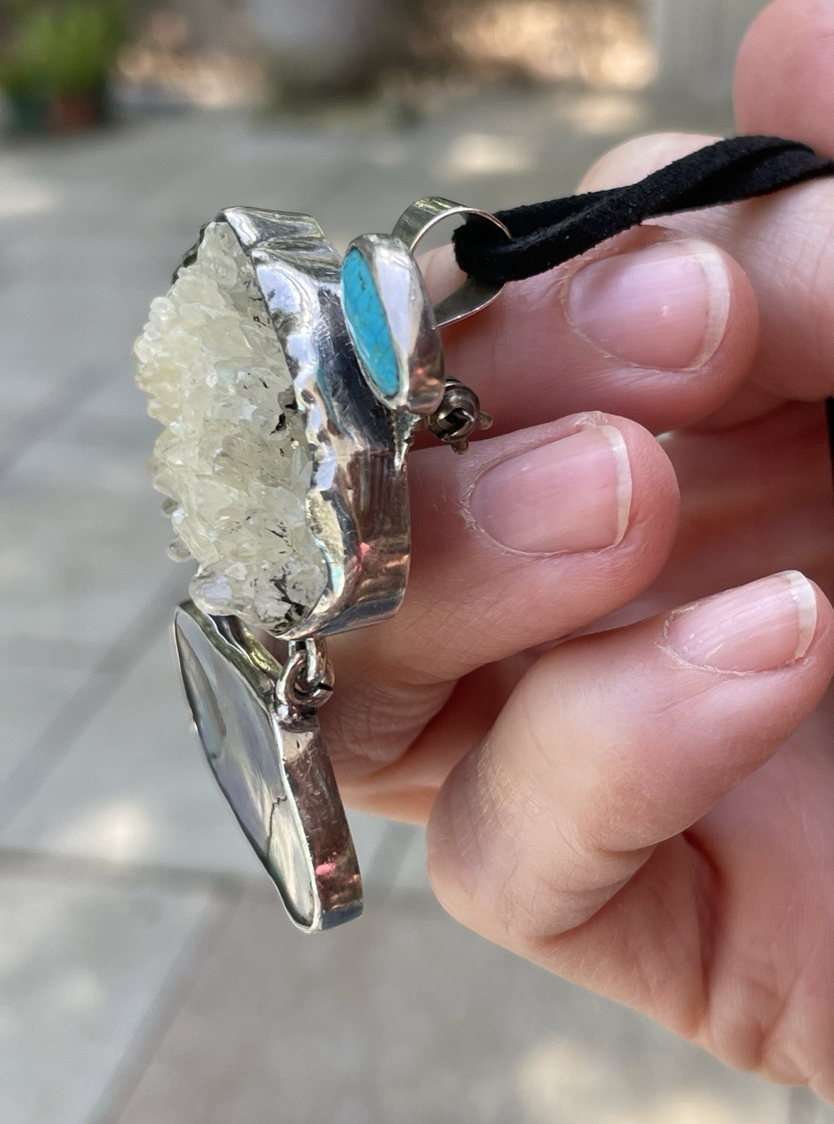 🎥Rock Crystal Rainbow Abalone Turquoise 2″ Pendant Brooch Mex Sterling Silver