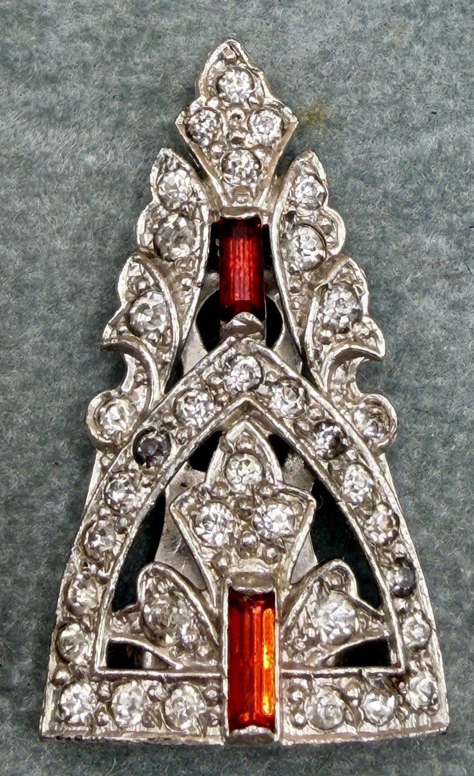 Vintage Art Deco Duette Dress Clip Brooch Red Baguette Rhinestone