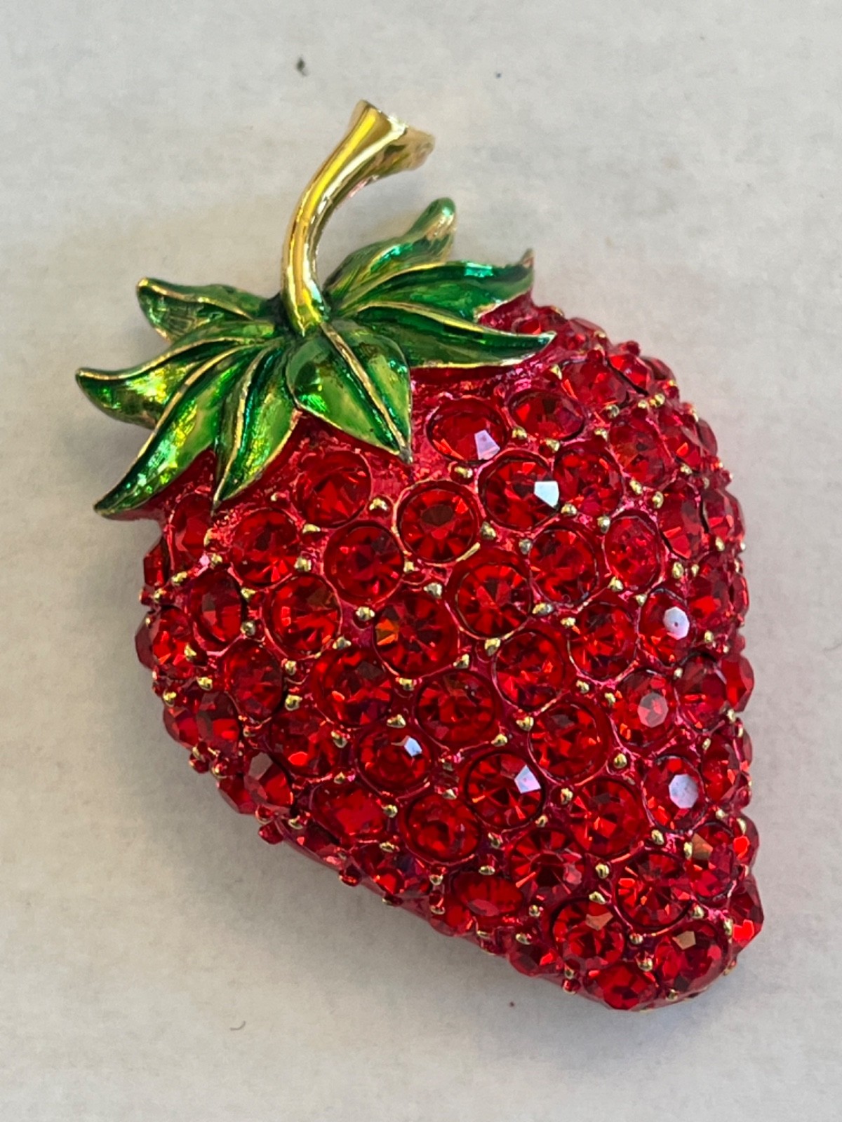 Yummy Red Crystal Rhinestone &Enamel Strawberry Brooch by Revere 1.75″Lx1.25″W