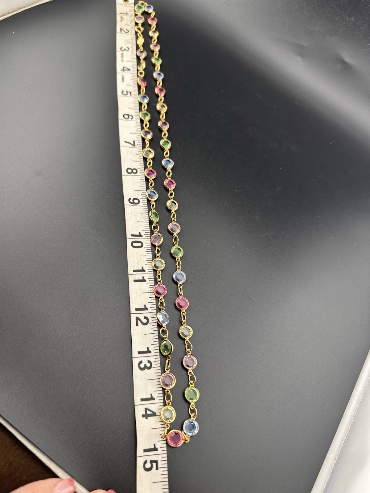 Rafaelian Vintage Long Necklace Open Bezel Austrian Crystal USA Multi-Color 30”