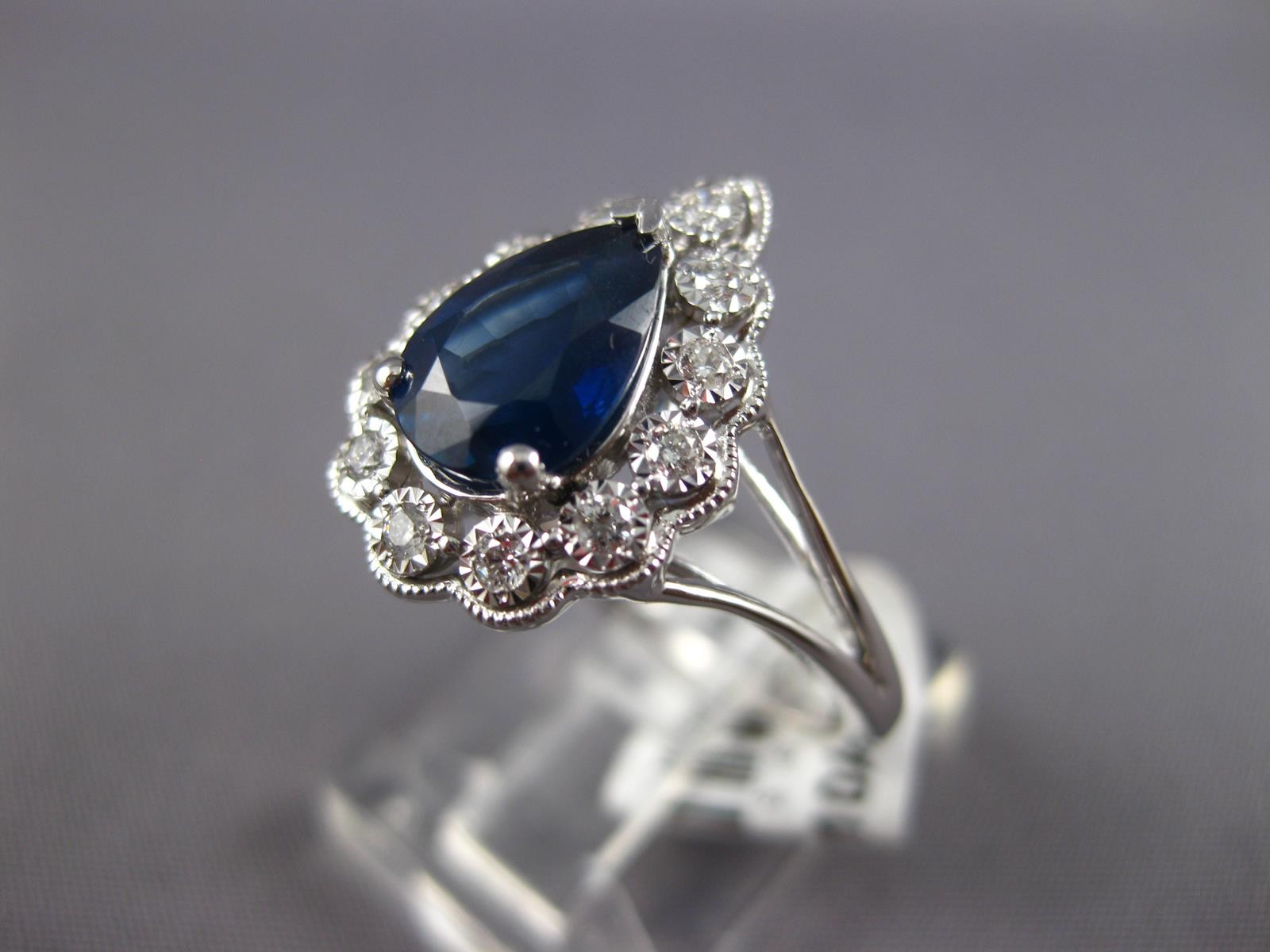 WIDE 1.52CT DIAMOND & AAA SAPPHIRE 14KT WHITE GOLD 3D PEAR SHAPE ENGAGEMENT RING