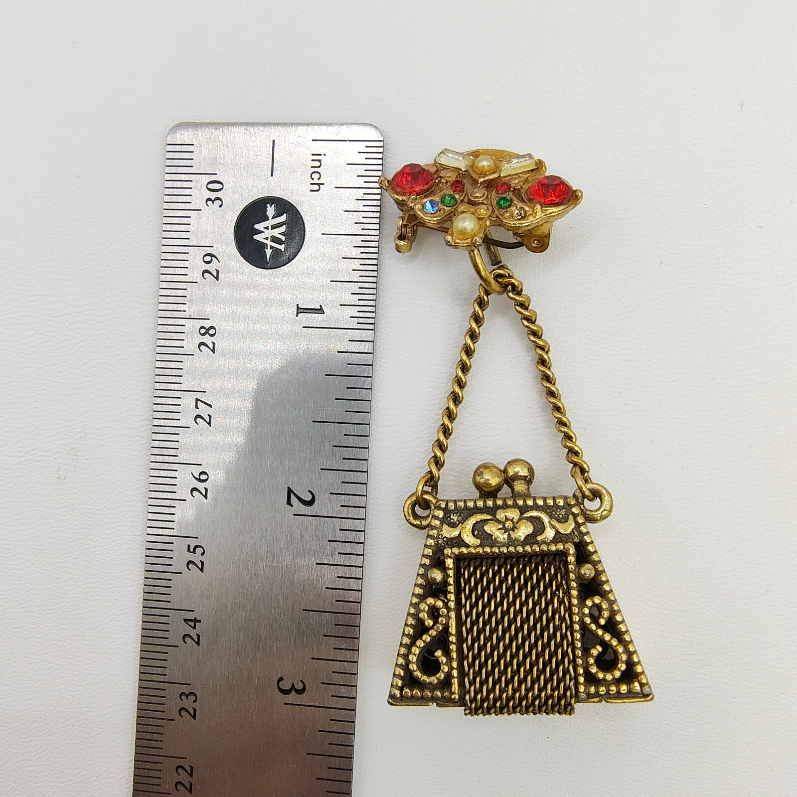 Vintage Purse Pill Box Brooch Pin Gold Tone Chatelaine Multicolor Rhinestone