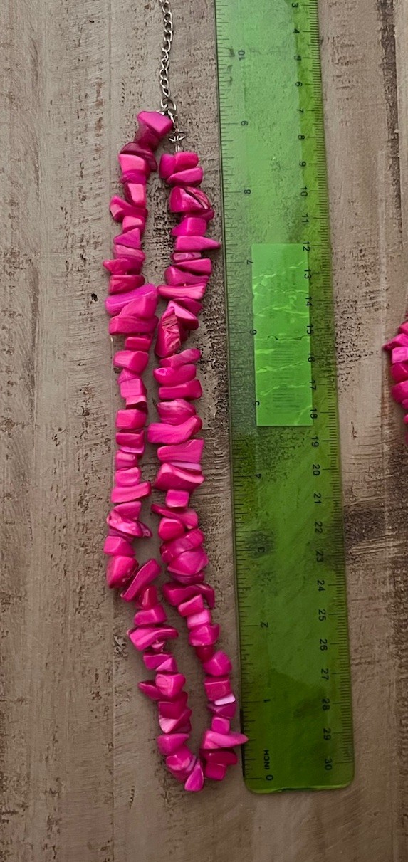 Vintage Hot Pink Fushia Polished Stone Chip Chunky Necklace Stretch Bracelet Set