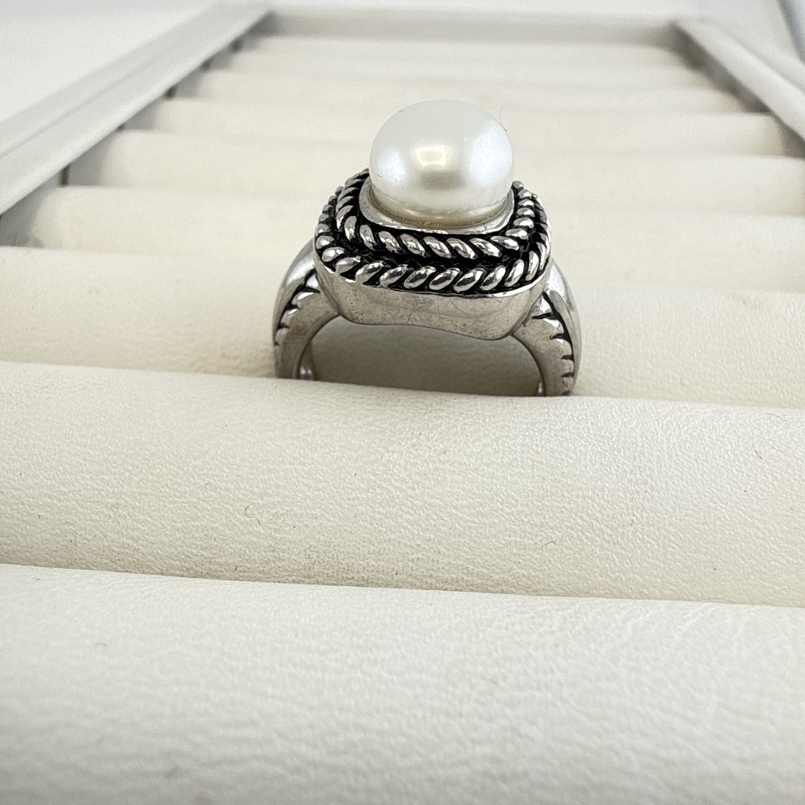 Honora Ring Pearl Sterling Silver Cable Rope 925 size 7 Button White Modern