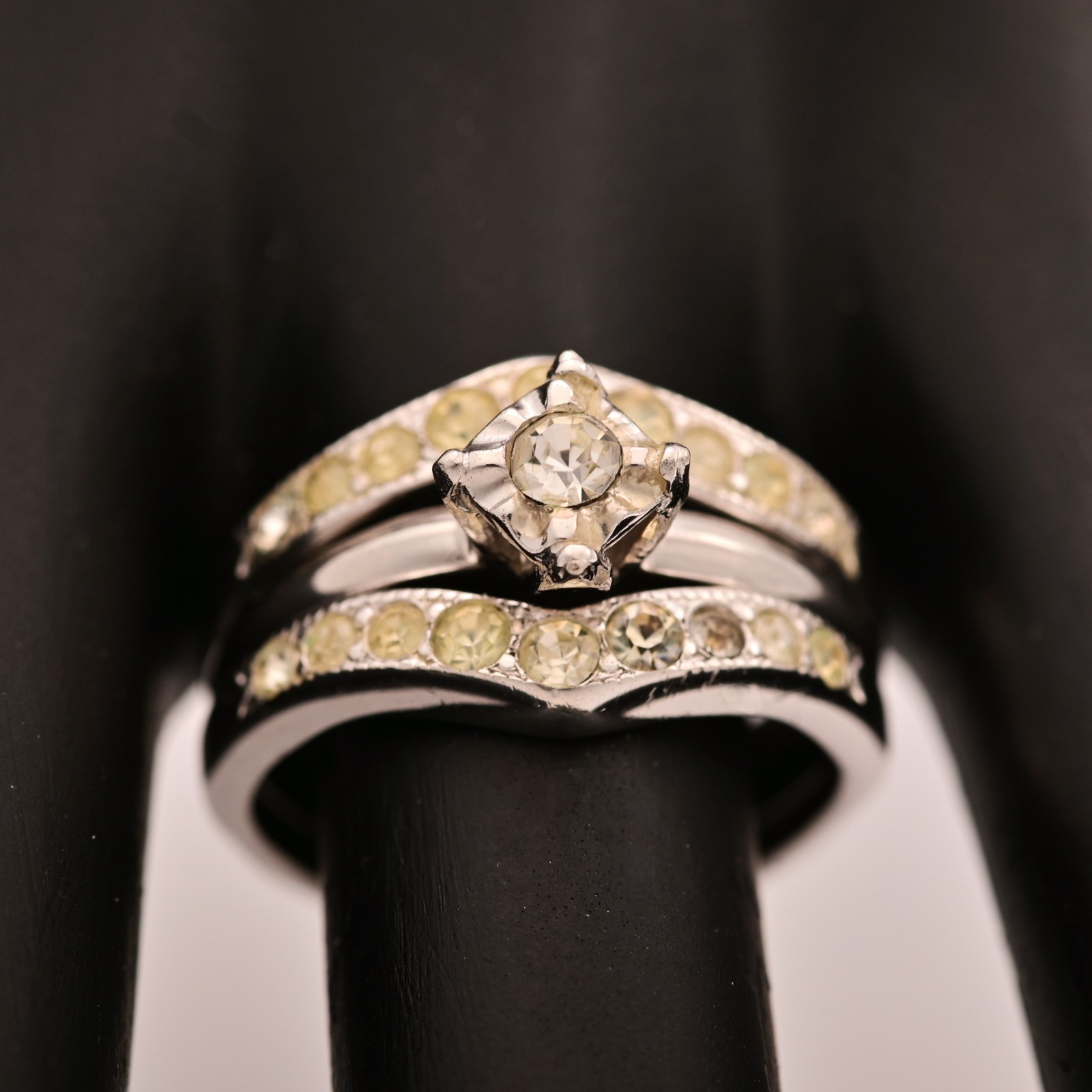 Original Vintage Designer Sterling Silver Moissanite Gemstone Estate Double Ring