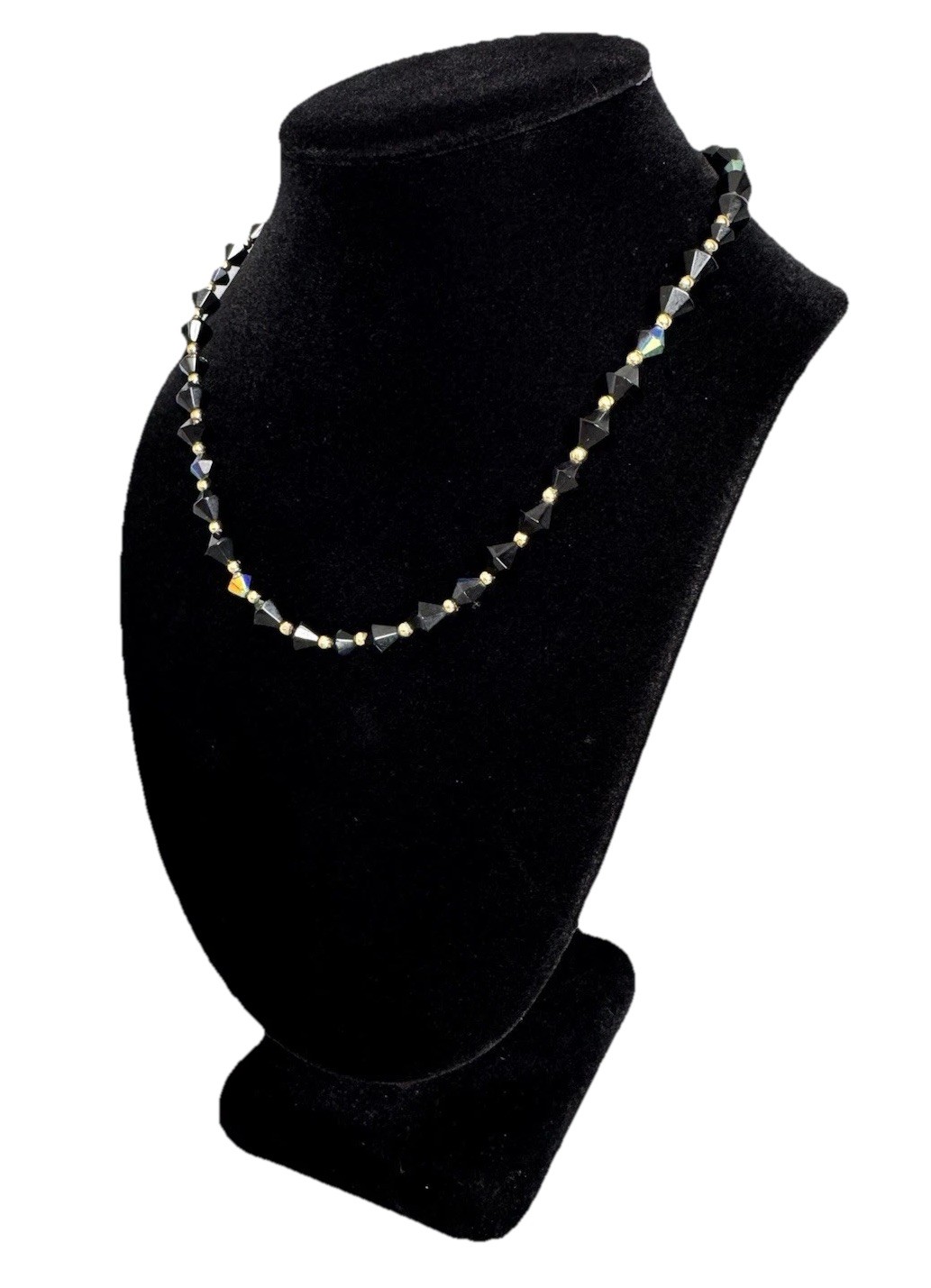 Vintage Bicone Cut Black Aurora Borealis Crystal Bead Gold Tone Accent Necklace