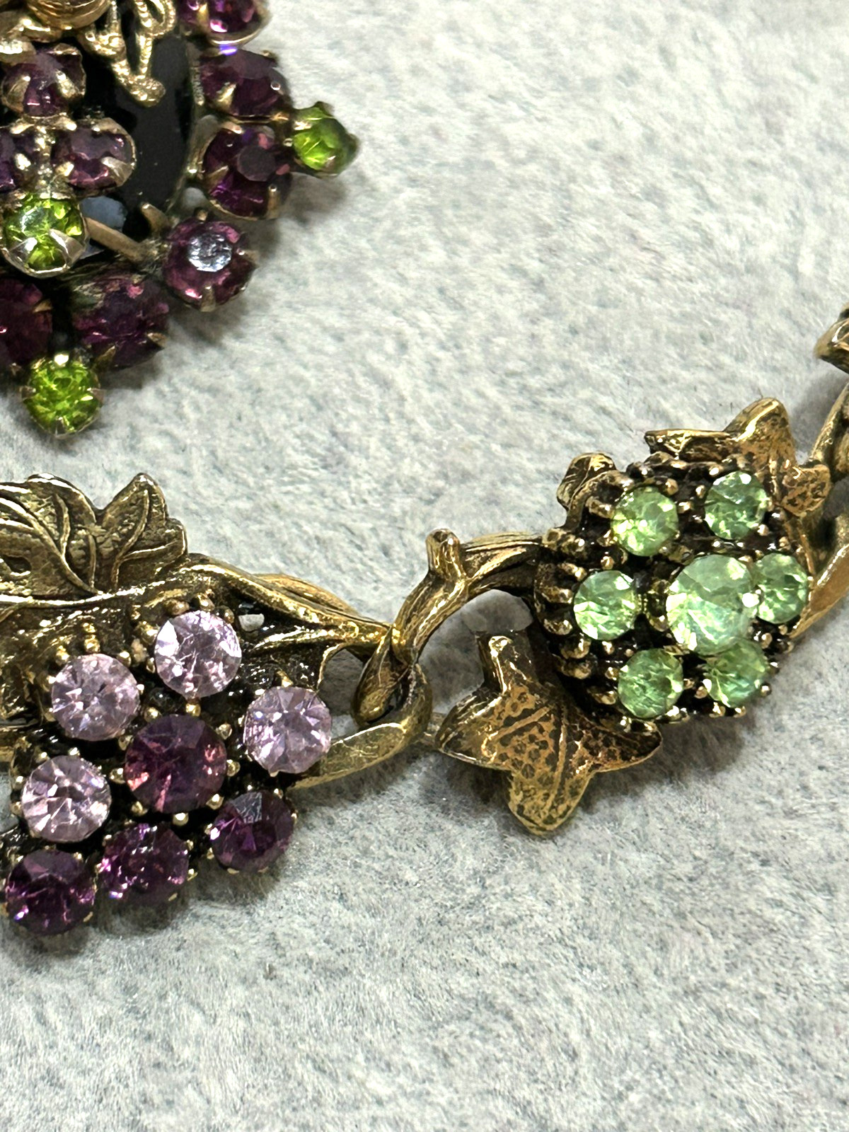 Purple Grape Clusters & Green Flowers Rhinestone Bracelet, Earrings & Necklace