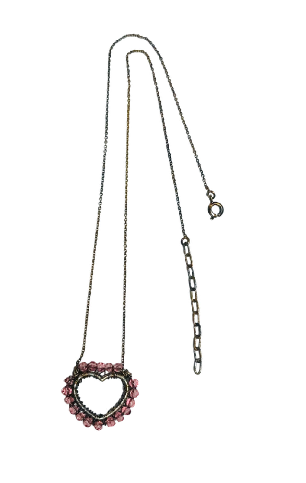 Vintage Antique Gold Tone Wire Wrapped Pink Beads Heart Pendant Necklace 19.5”