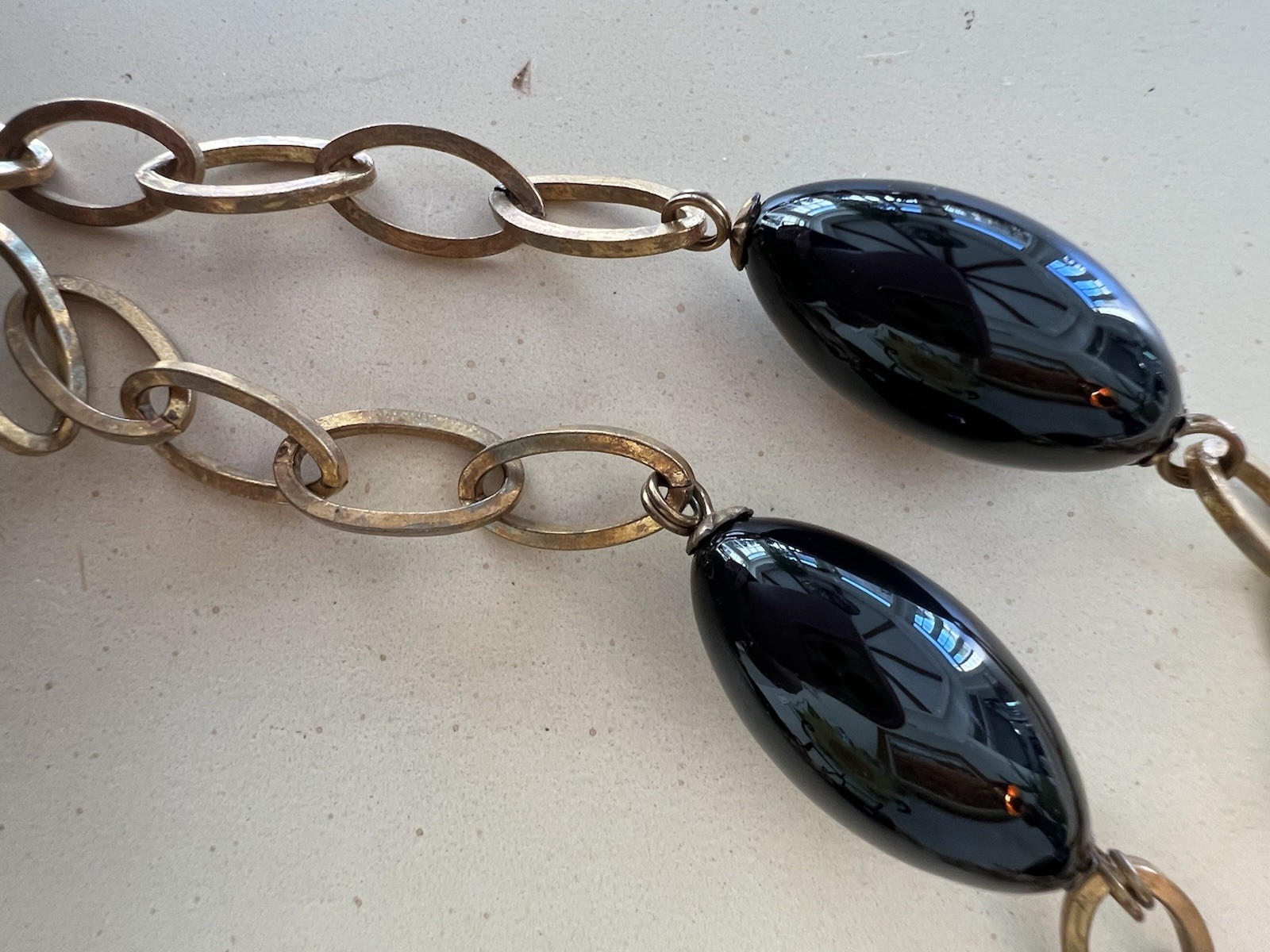Stephen Dweck Necklace Onyx Beads and Brass Linked 40” Chain