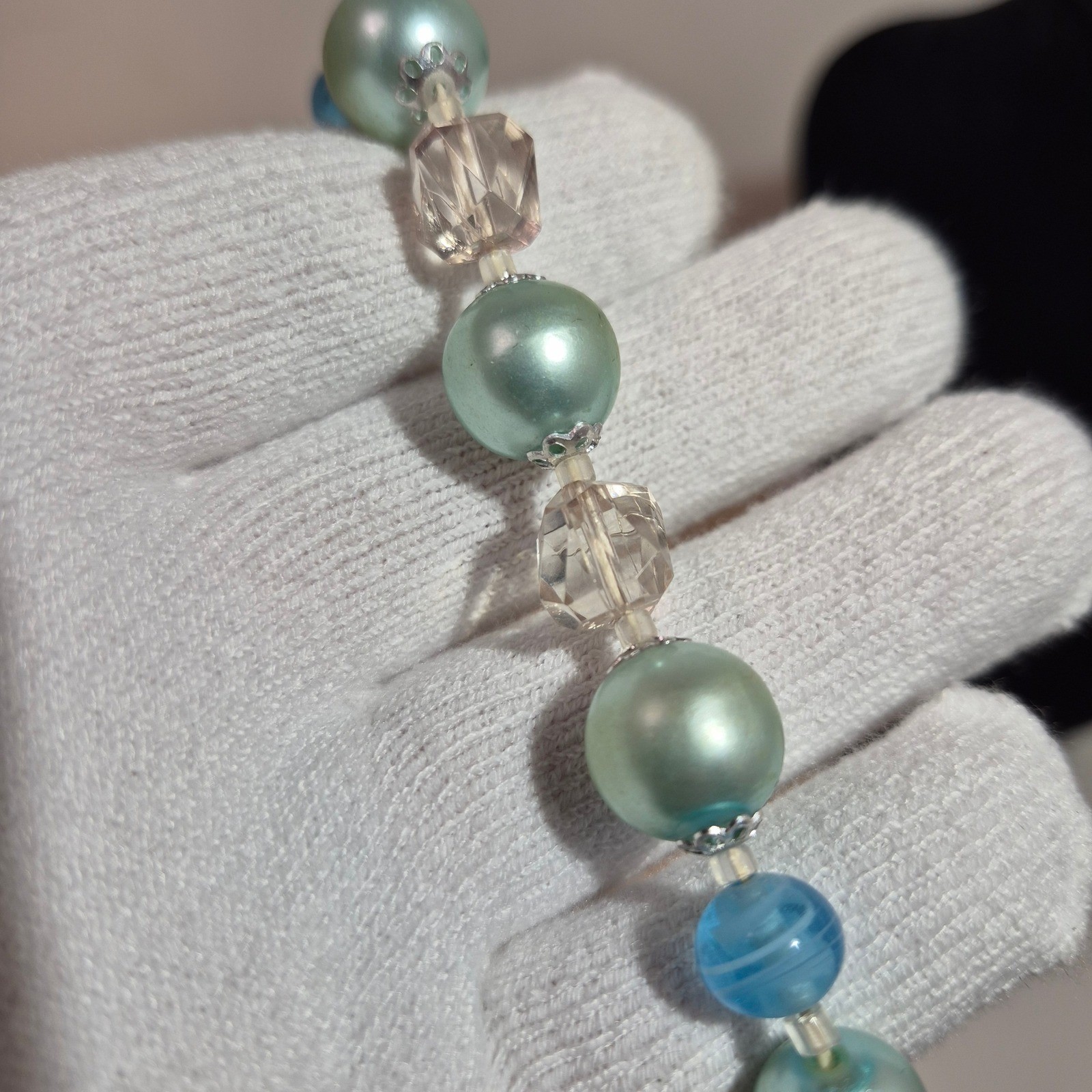Vintage Seafoam Green Faux Pearl Y-Drop Necklace and Cluster Clip-On Earrings