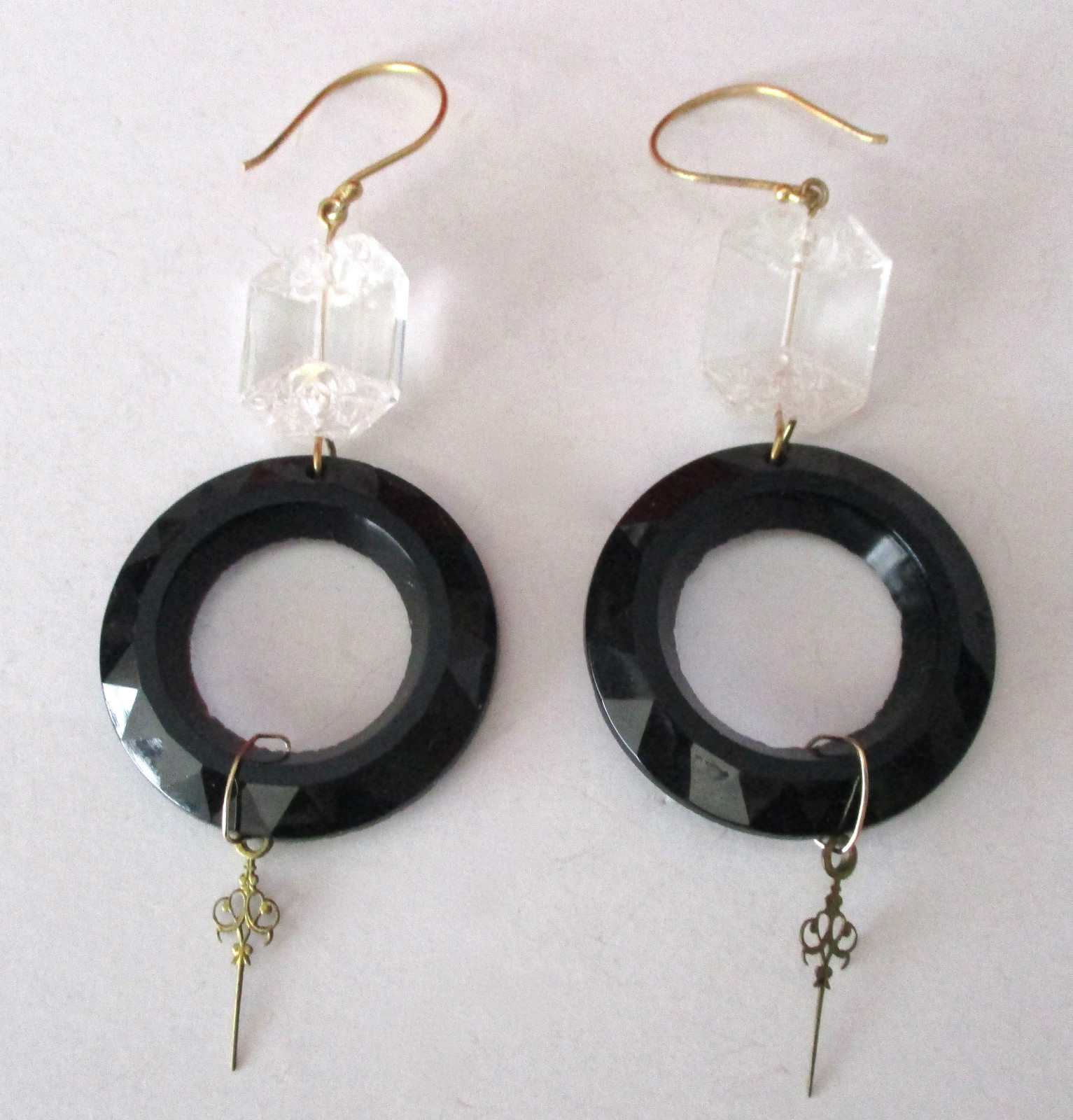 Pair of 3 1/2-Inch Deco Crystal & French Jet Earrings With Brass Trim