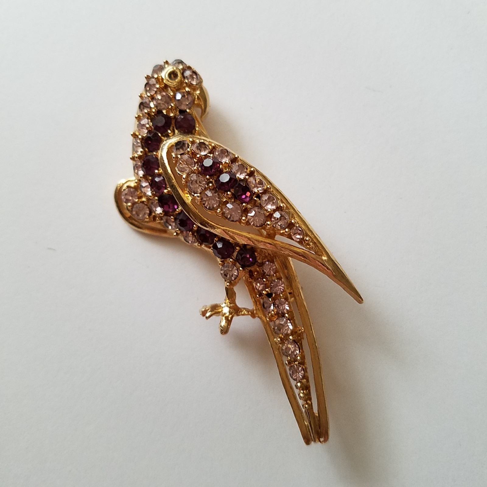 Vintage Pell Purple and Clear Rhinestone Parrot Brooch