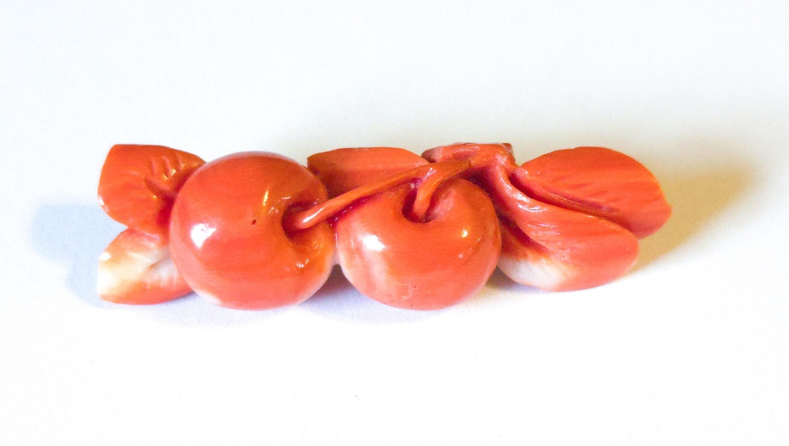 Antique Mediterranean Salmon Coral Hand Carved Cherry Brooch