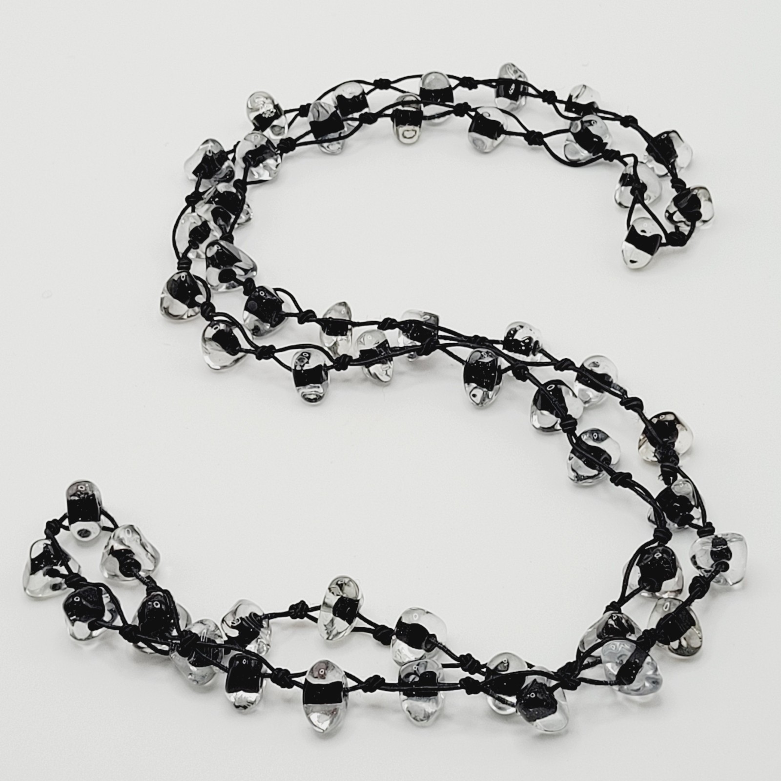 Art Glass Clear Ice Pebble Bead Hand Knot Black Thread Single Strand Necklace