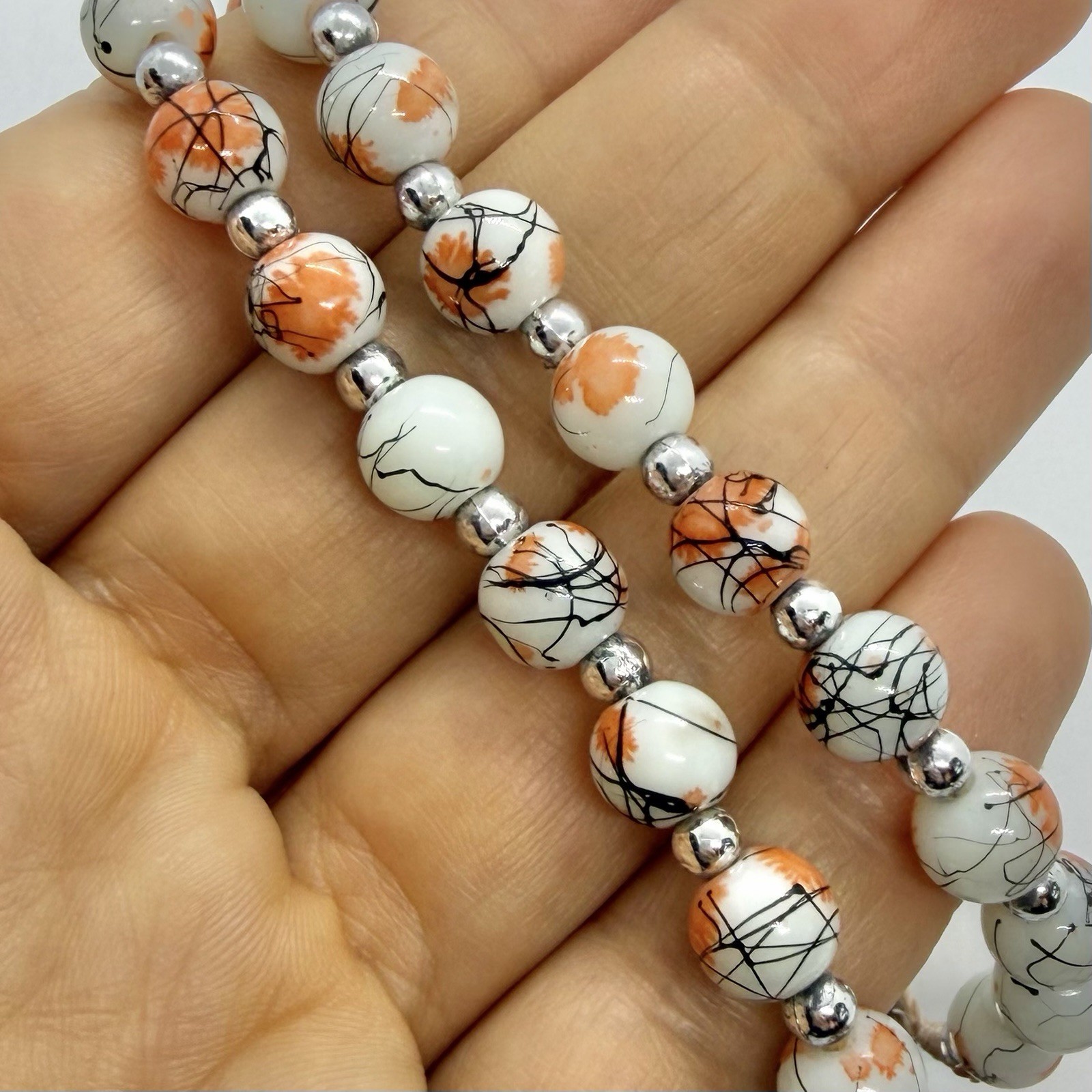 Vtg Catholic Religious Orange Rosary Glass Beads Necklace Silvertone Prayer