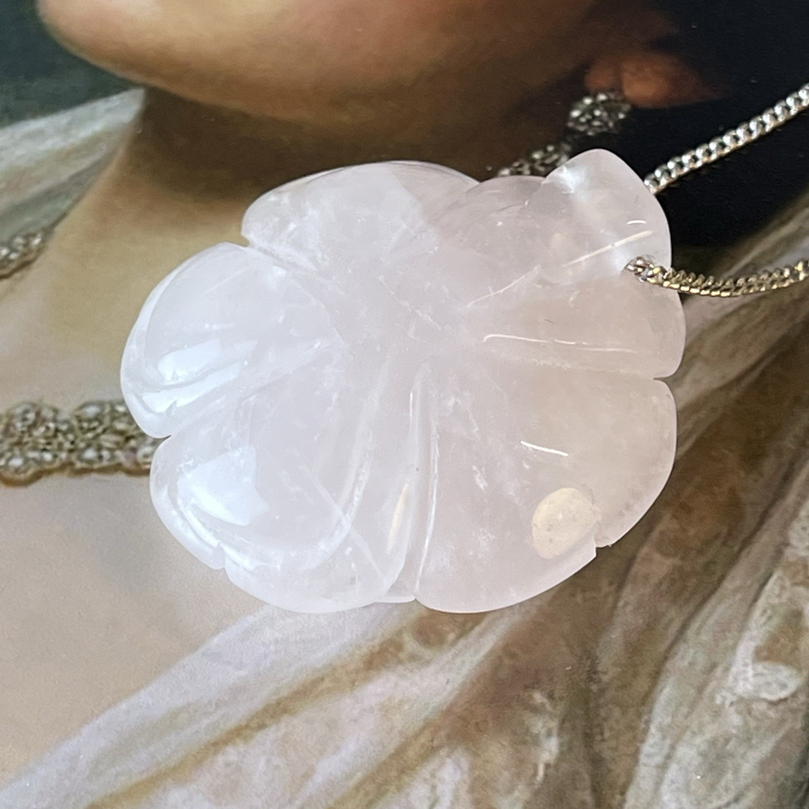Vintage Carved White Jade Rose Pendant Necklace – 16” – Silver Tone – c1980s