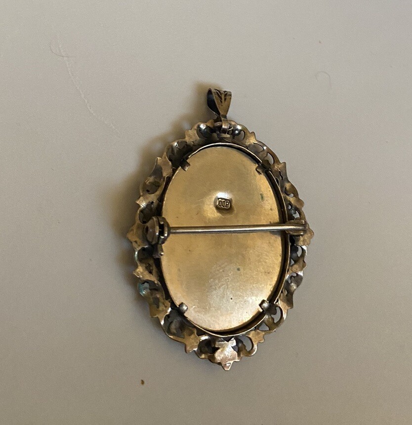 Vintage 800 Silver Filigree Blue Glass Hand Painted Portrait Brooch or Pendant