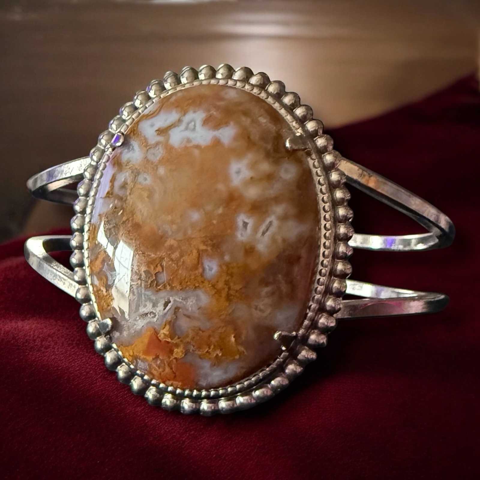 Silver Tone Agate Cuff Bracelet Vintage Blaze Orange Stone Small Wrist 5 Inches