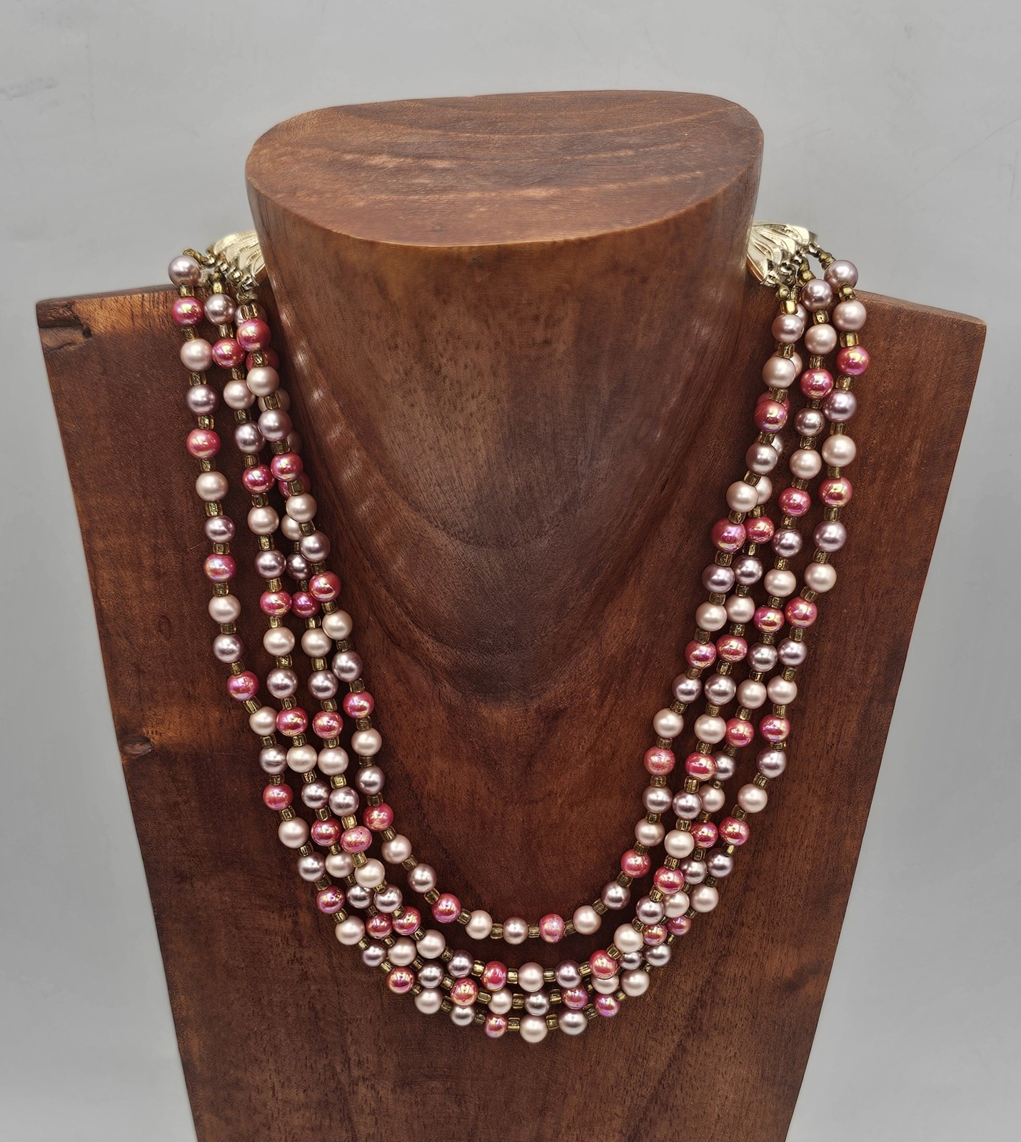 Vintage Multi-Strand Faux Pearl Necklace ~ Pinks & Purples Three Strand Japan