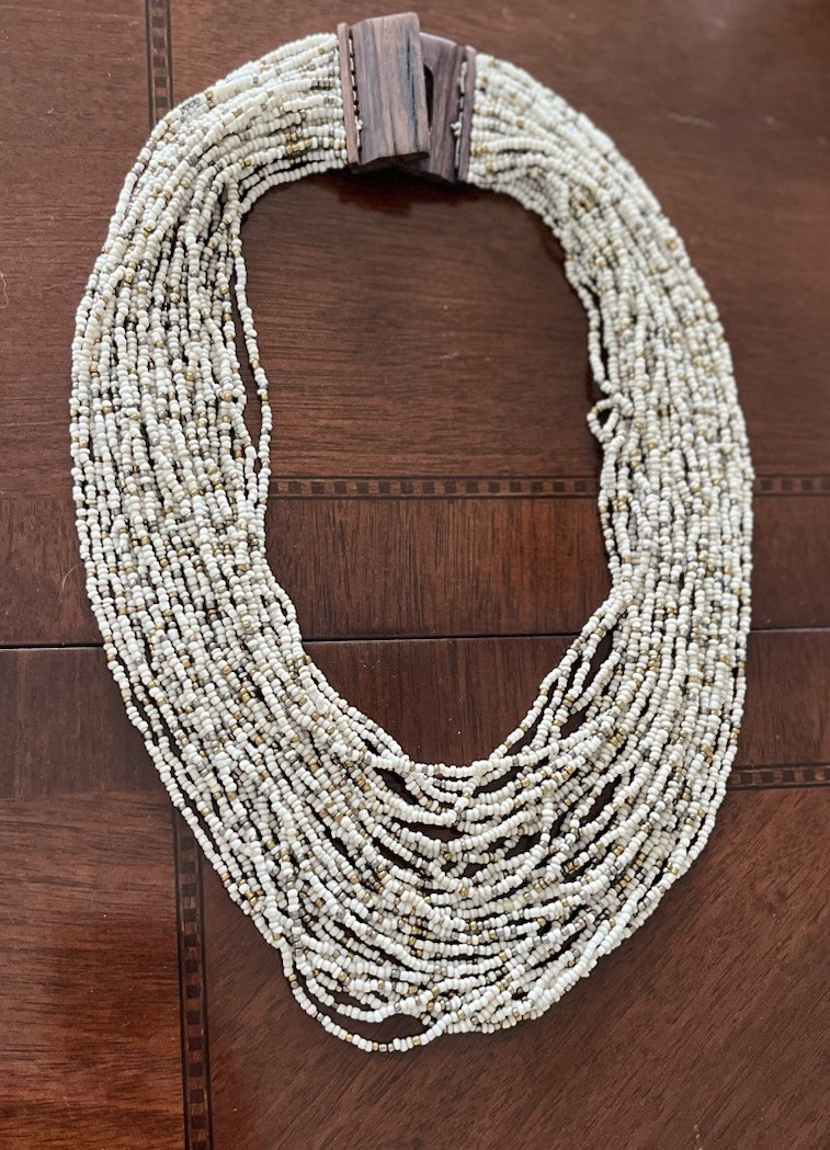 Vintage Multi Layered Ivory Gold Glass Seed Beaded Wood Hook Clasp Boho Necklace
