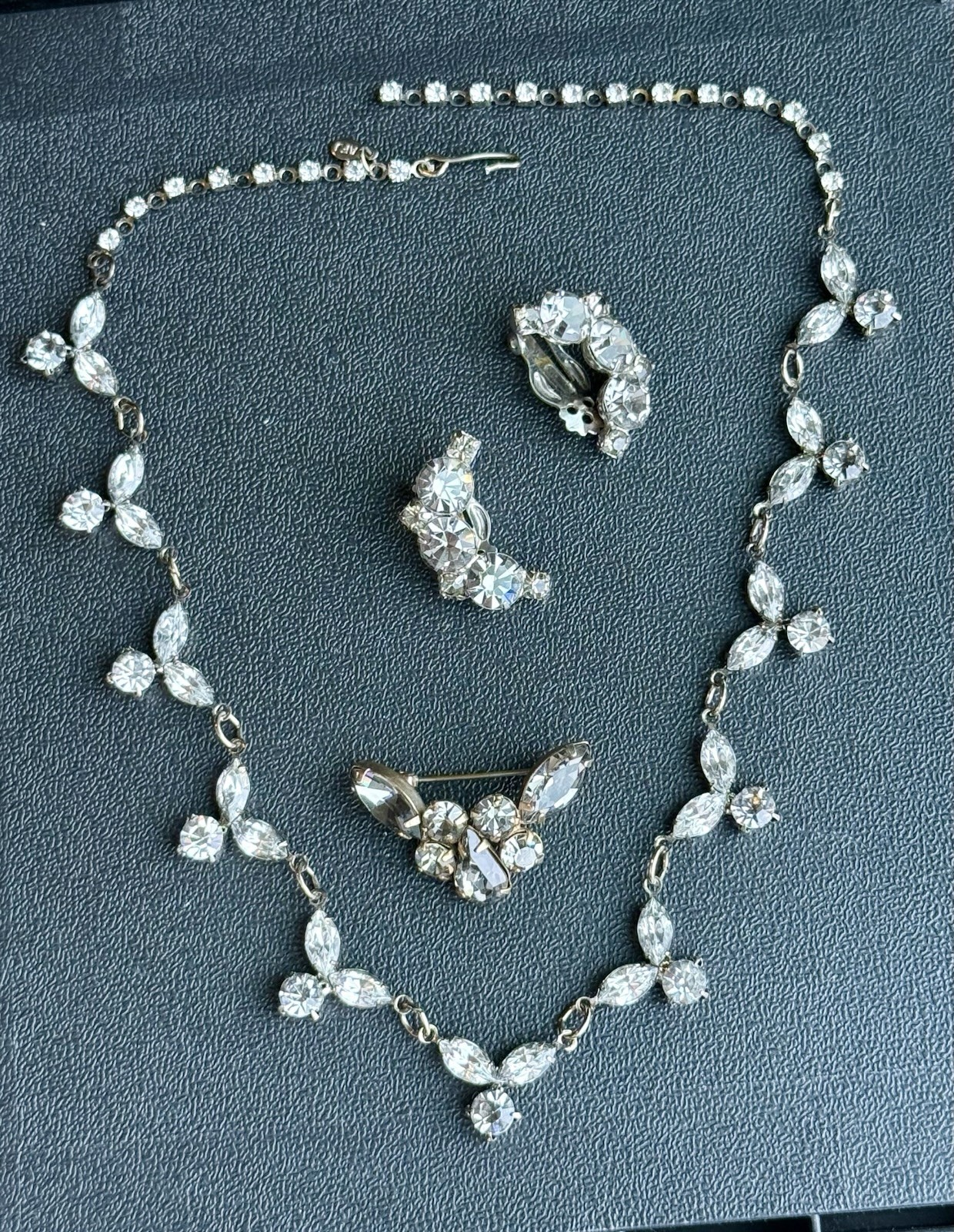 Vintage Designer Jewelry Lot Smoky Grey Rhinestone Necklace Brooch Earrings. A