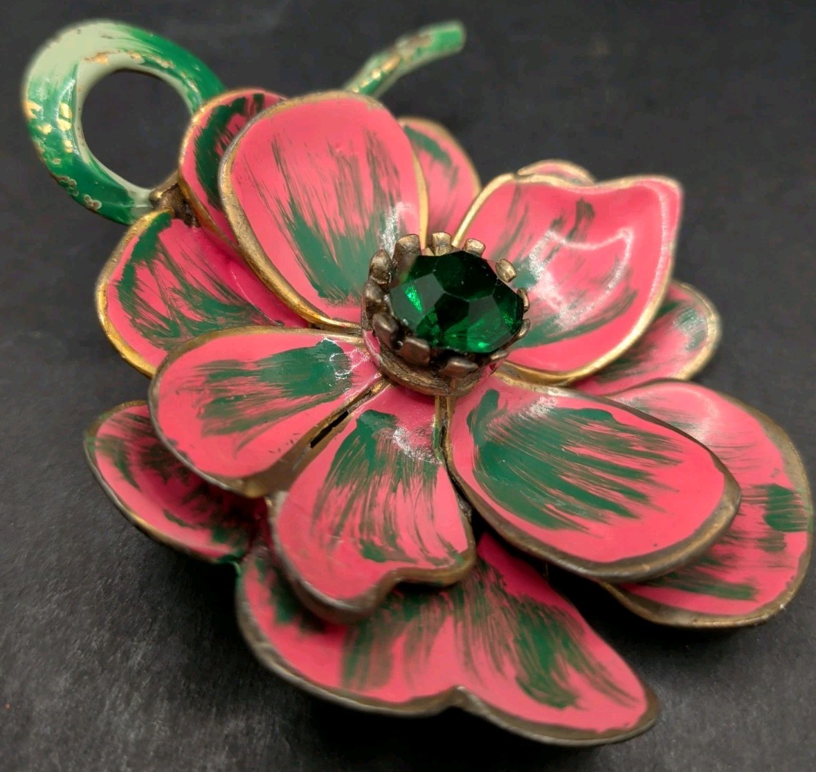 Vintage Artisan Gorgeous Pink And Green Pot Metal And Enamel Flower Brooch 3X3″