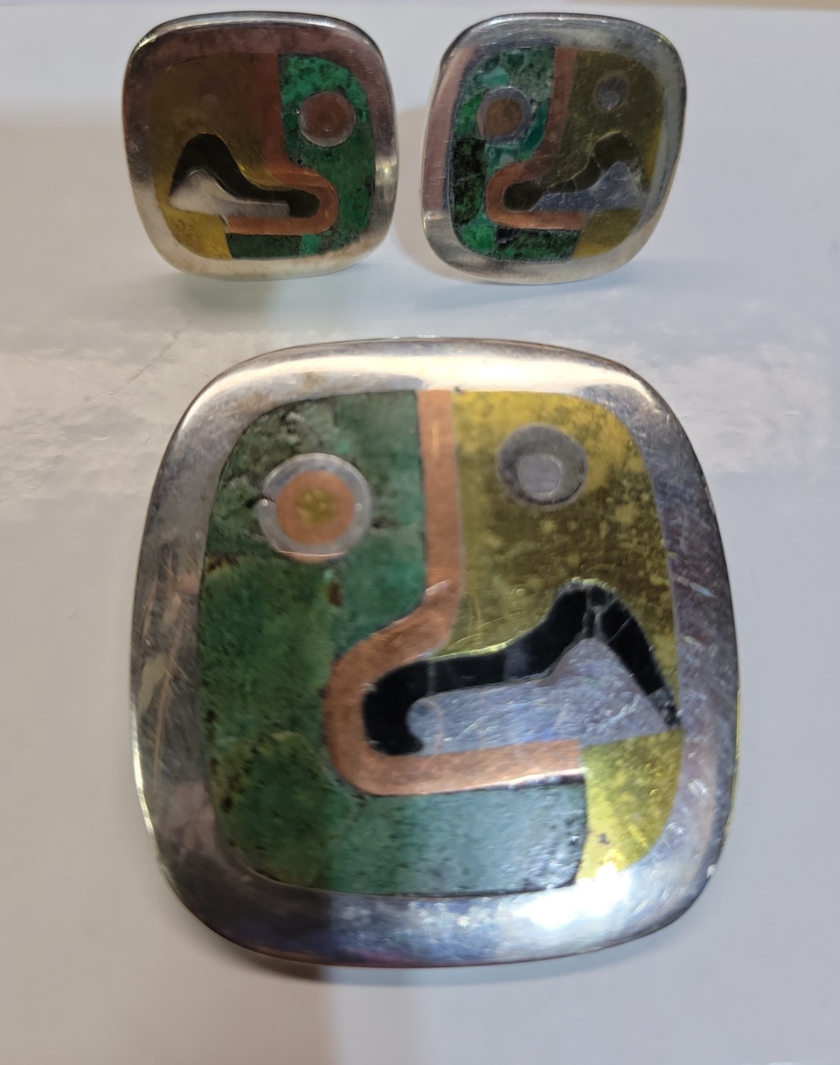1953 LOS CASTILLO STERLING SILVER MALACHITE EARRINGS & BROOCH/PENDANT SET