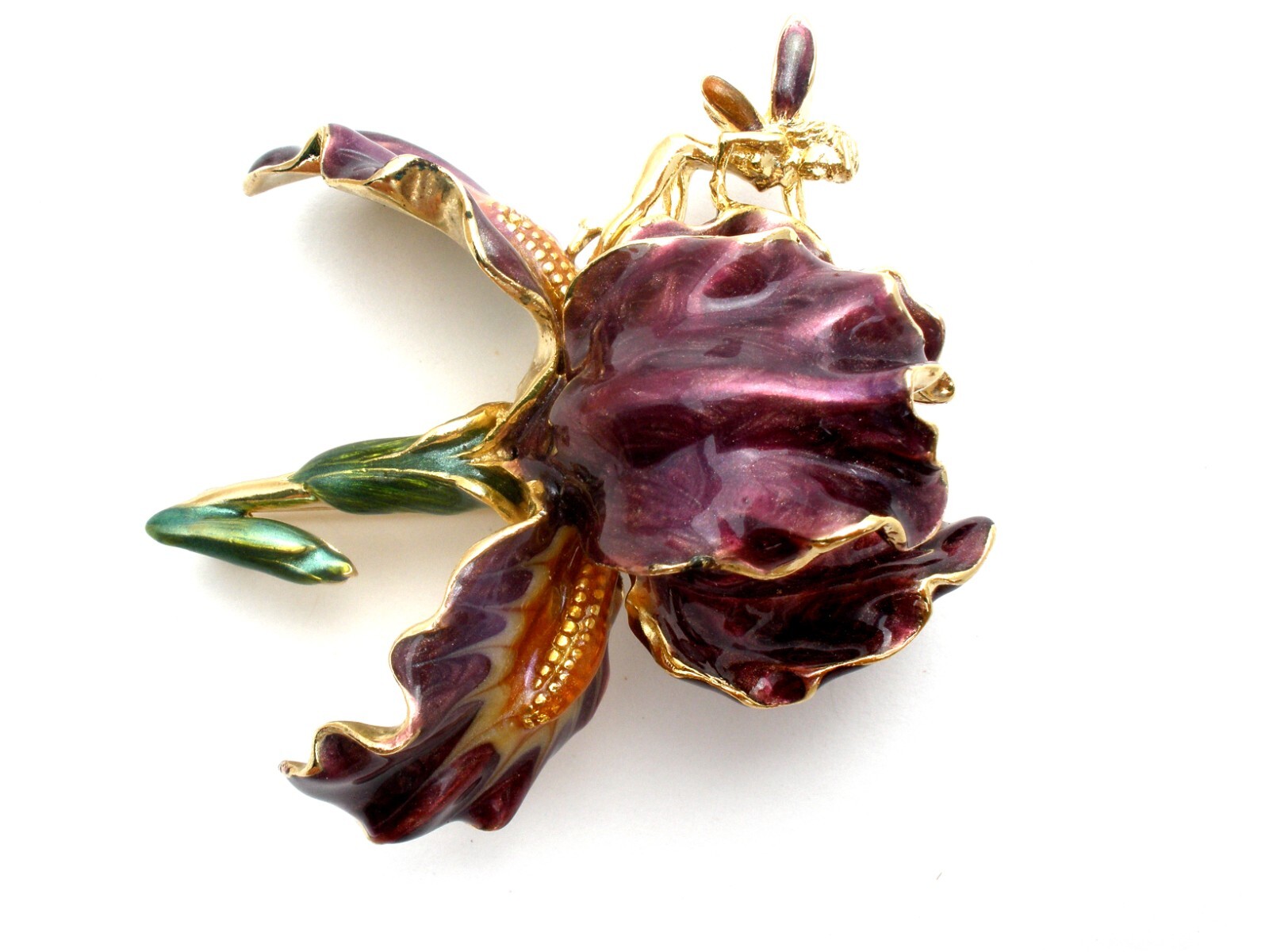 Kirks Folly Signed Brooch Purple Iris Enamel Orchid Pin With Golden Fairy