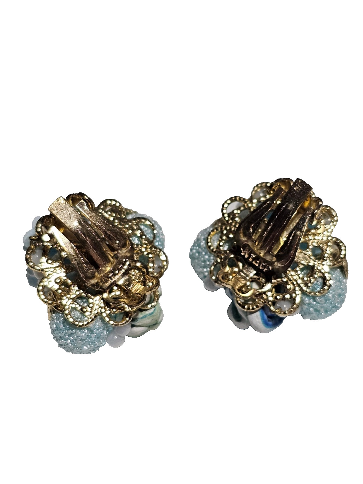 DOUBLE SRAND JAPAN BLUE GREEN SUGAR TEXTURE FLOWER BEAD NECKLACE / CLIP EARRINGS
