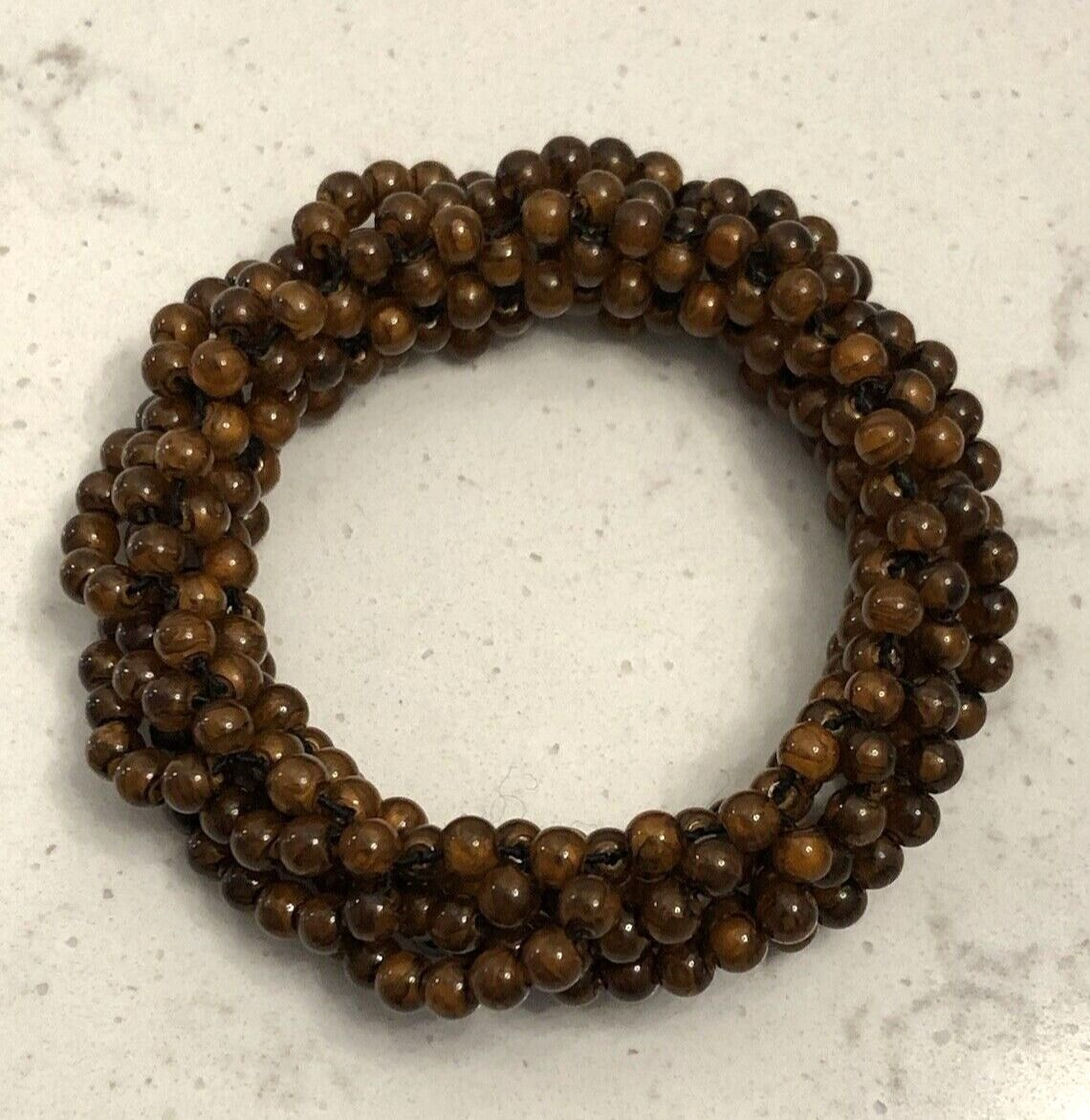 Vintage Stretch Brown Beaded Bangle Bracelet Chunky Retro Bohemian Balinese Poly