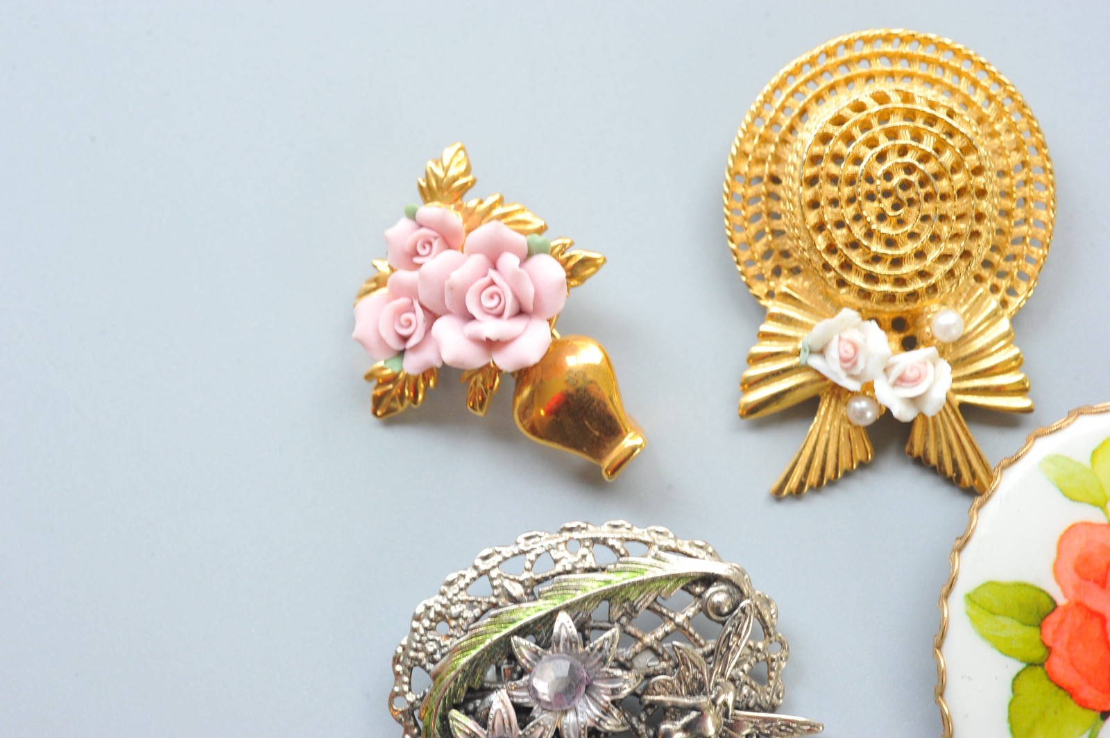 Vtg modern Brooch Lot cameo style flower gardening hat fairy 2 signed MA13