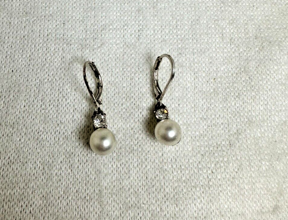 White Faux Pearl Dangle Earrings with Round CZ – Silver Tone Leverback – 1″