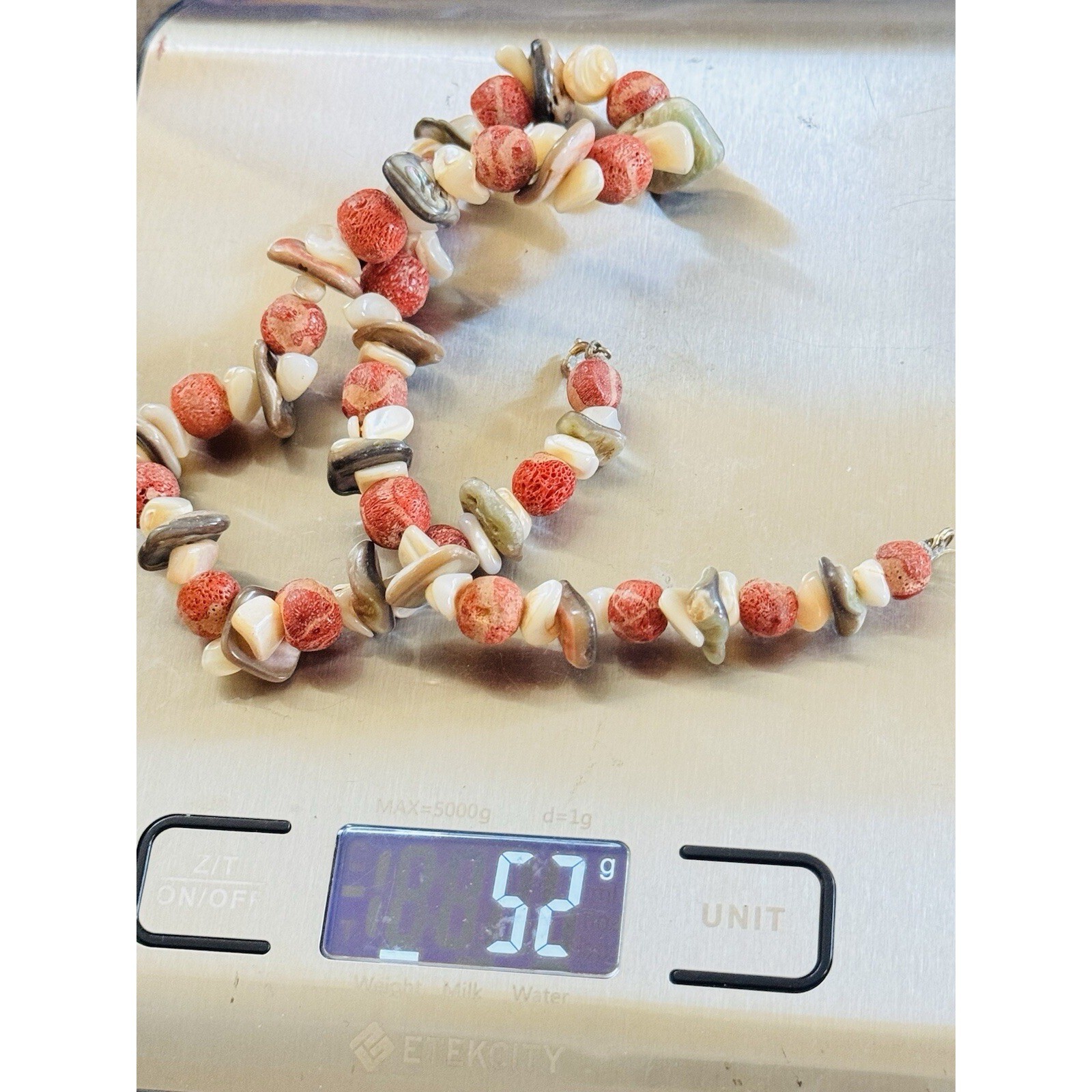 VTG Red Sponge Coral Mother Of Pearl Natural Necklace Beaded Genuine Choker 16″