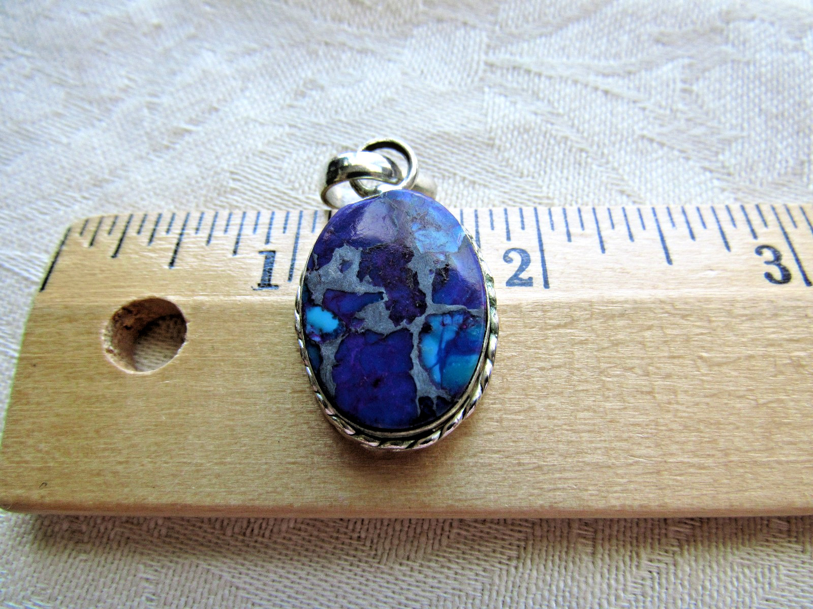 Vintage Silver Pendant Purple & Blue Turquoise Stone Bezel Set Flat Cabochon