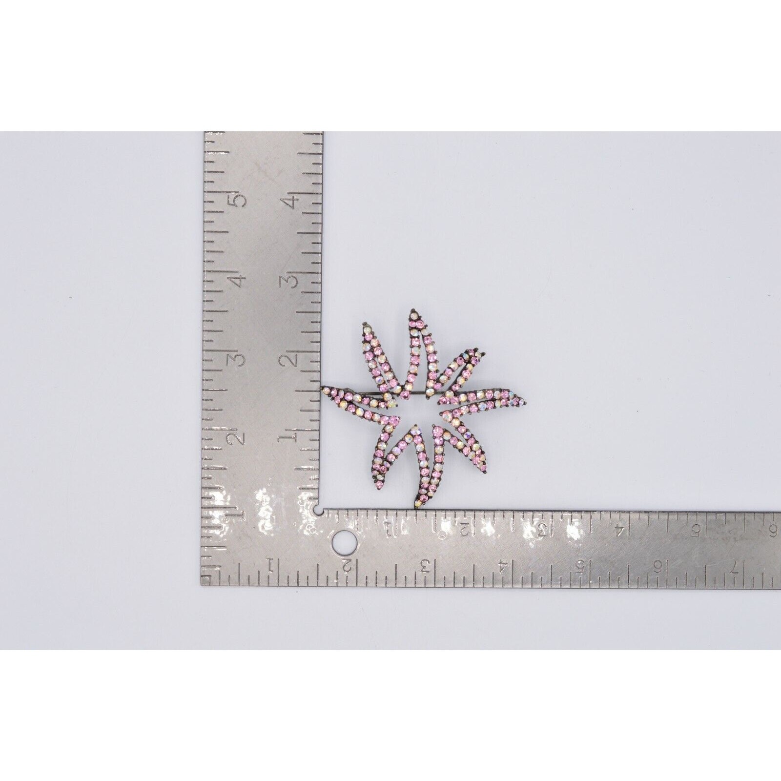 Givenchy Vintage Crystal Flower Star Pin Brooch AB Pink Gunmetal Signed 80s Bin8