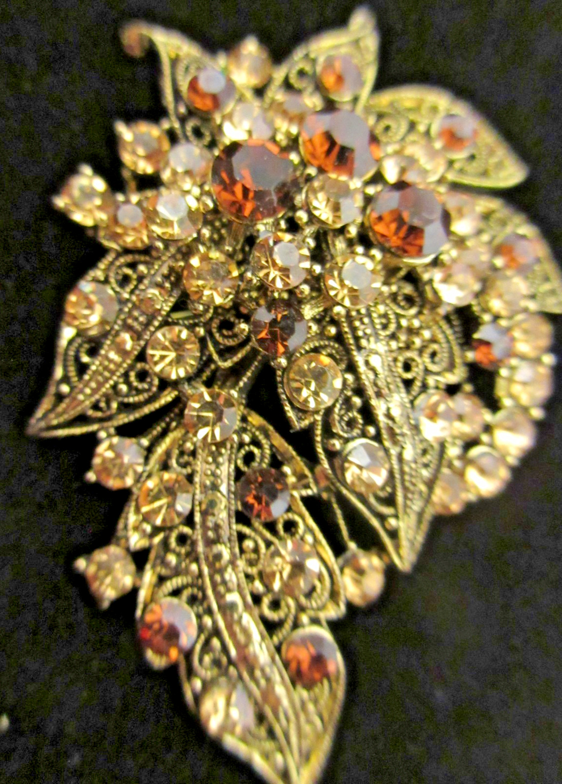 Vtg Gold Tone Cannetille Amber Orange Cream Rhinestone Brooch Pin Pendant