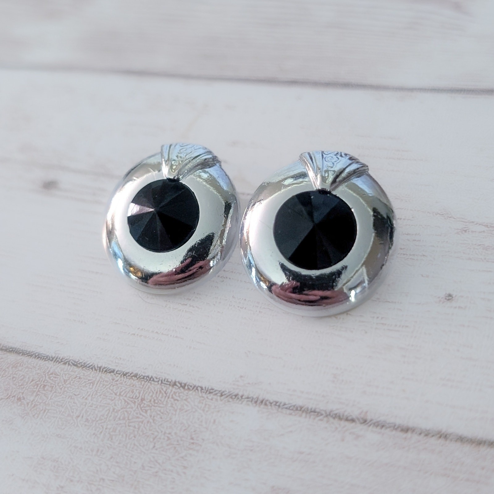 Vintage Stud Earrings Silver Tone with Faceted Black Gem